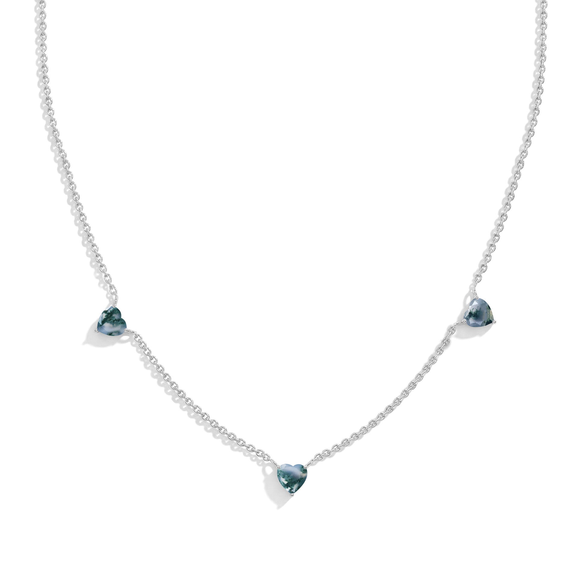 "AAA Grade Natural Moss Agate Three Stone Heart Necklace in 925 Sterling Silver with genuine heart-cut gemstones.
