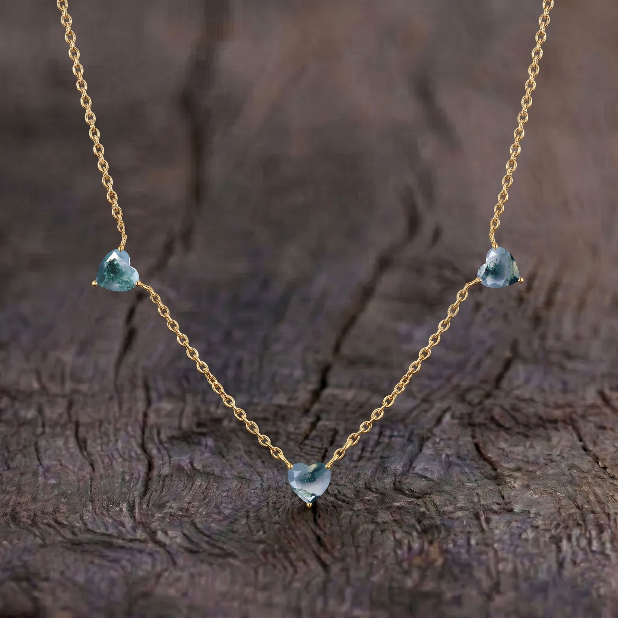 AAA Grade Natural Moss Agate Three Stone Heart Necklace, handcrafted gemstone jewelry gift for her."
