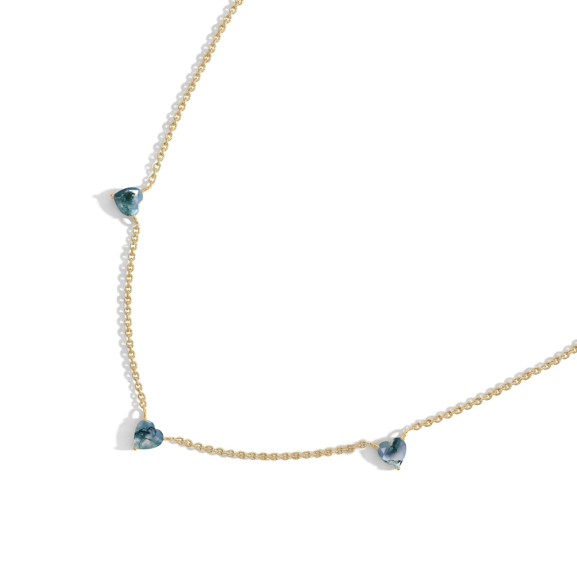 Natural Moss Agate Heart Necklace on a delicate 16-inch chain for everyday wear.
