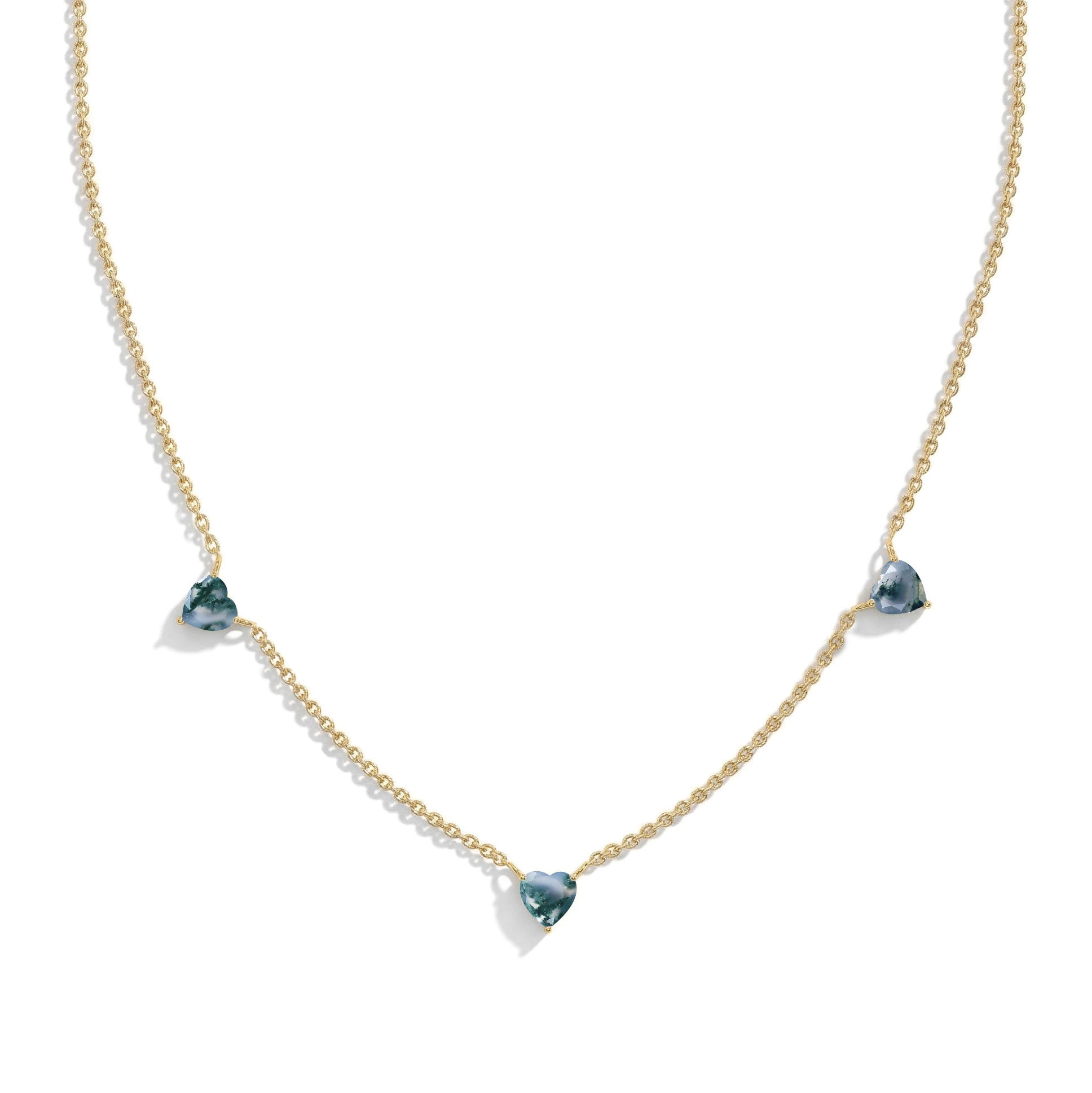 Fine jewelry Natural Moss Agate necklace with three heart-shaped gemstones.
