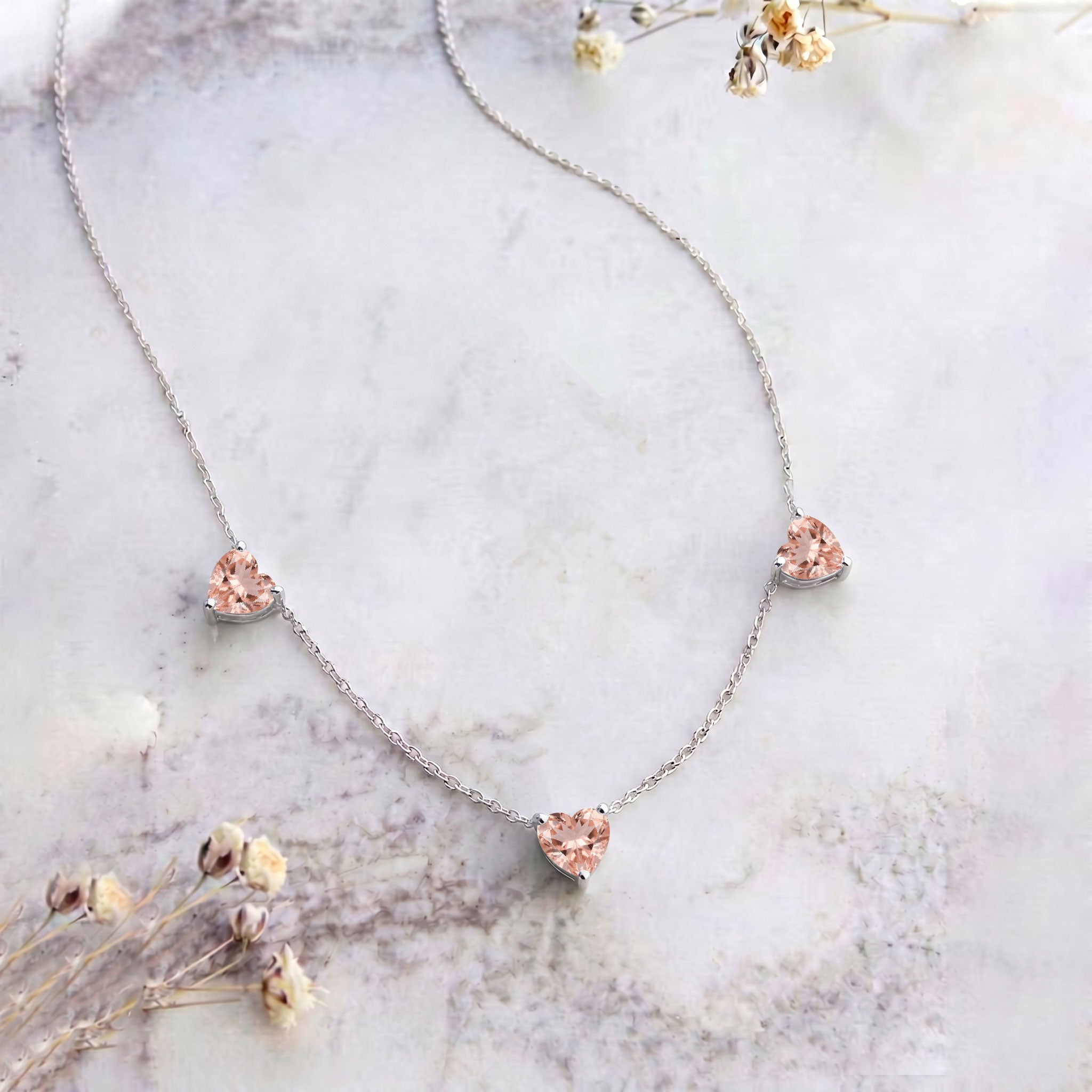 Morganite gemstone necklace in 925 Sterling Silver for women.
