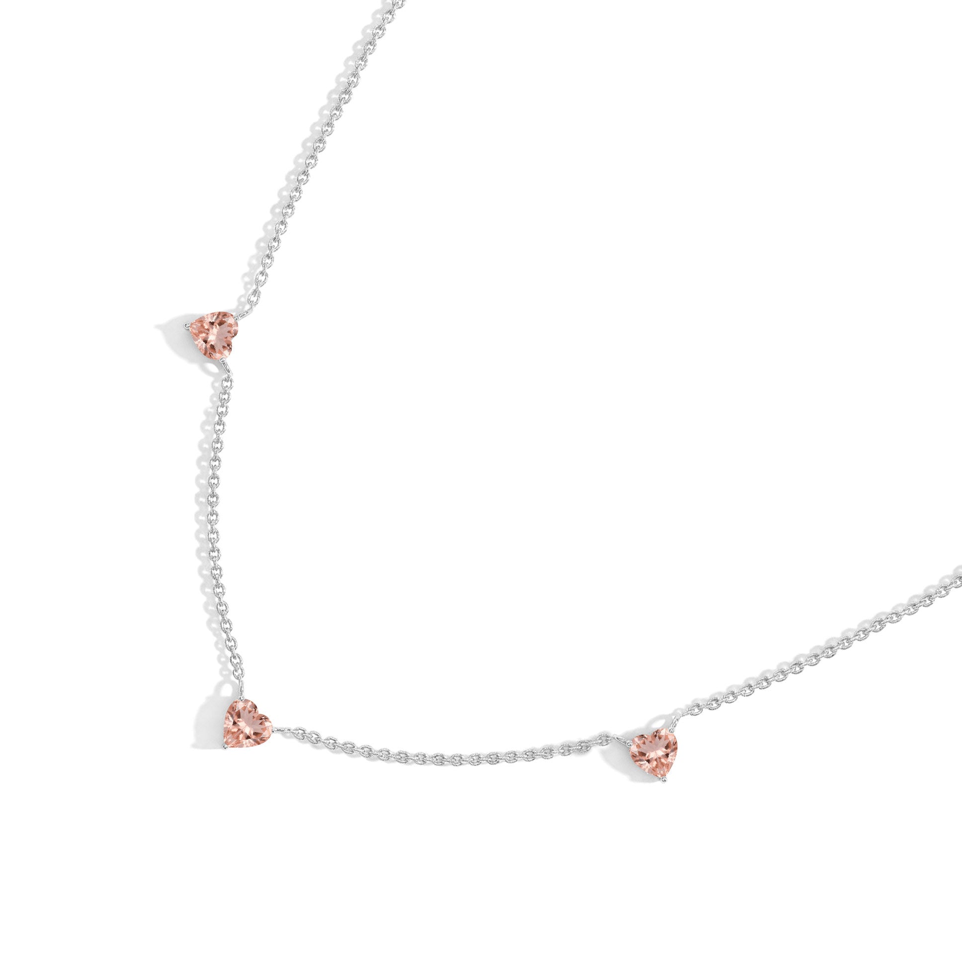 Handmade Morganite Three Stone Heart Necklace in Yellow Gold Filled.
