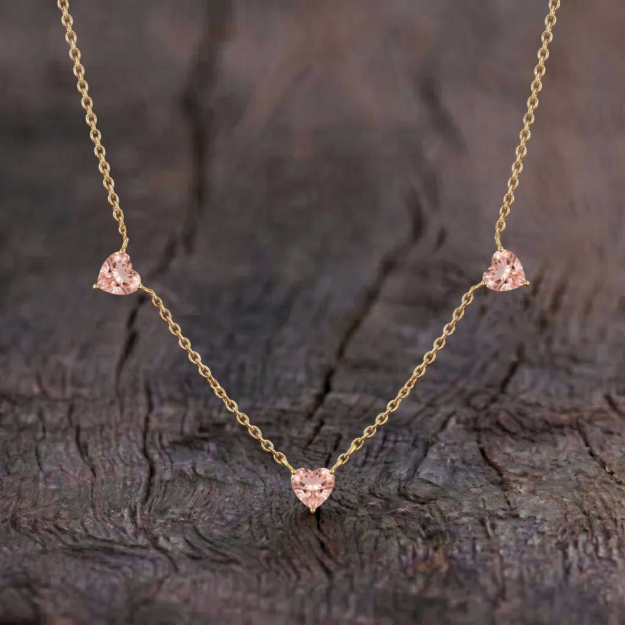 AAA Grade Morganite Three Stone Heart Necklace, handcrafted gemstone jewelry gift for her."
