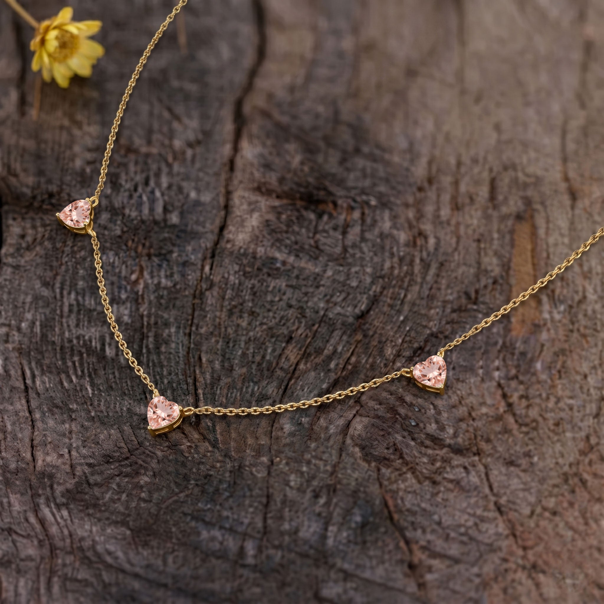 AAA Grade Morganite Three Stone Heart Necklace in 925 Sterling Silver with blush pink gemstones.
