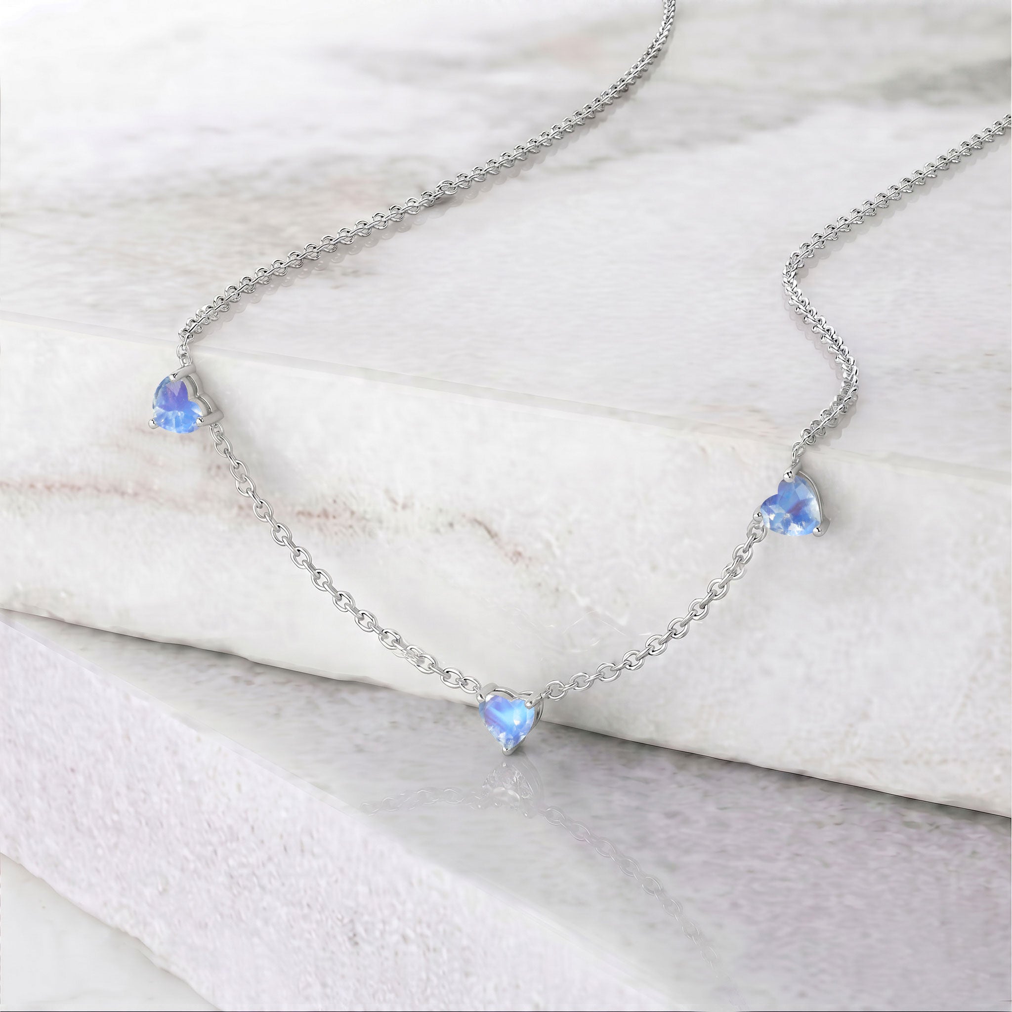 Genuine AAA Natural Moonstone Heart Necklace with three 6mm heart-cut gemstones.
