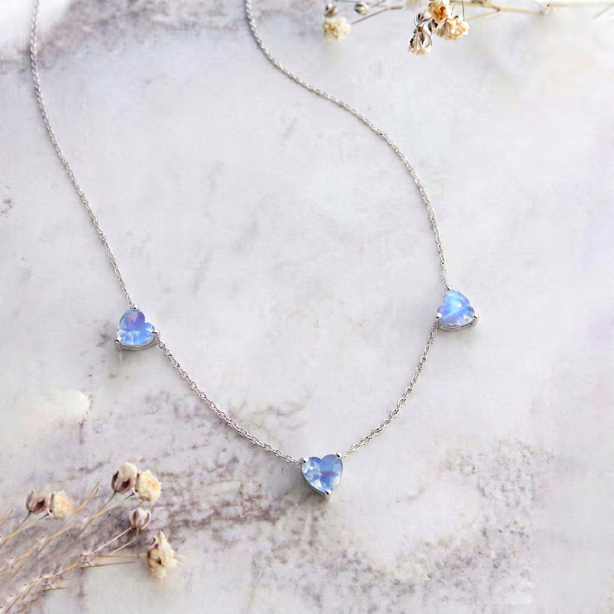 Natural Moonstone gemstone necklace in 925 Sterling Silver for women.
