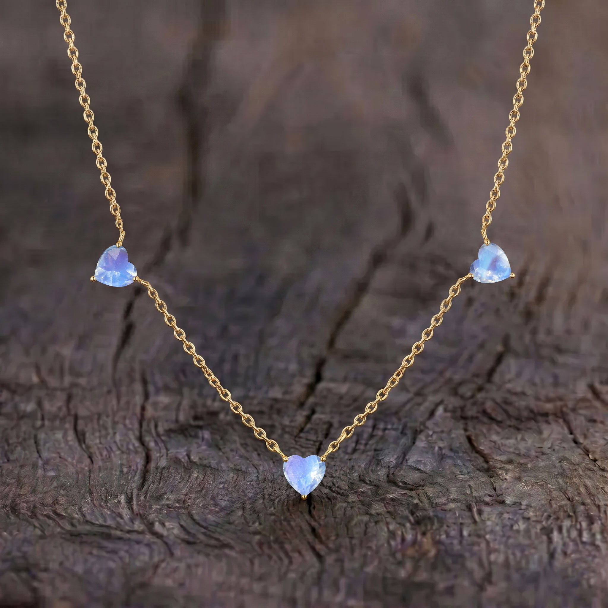 AAA Grade Natural Moonstone Three Stone Heart Necklace, handcrafted gemstone jewelry gift for her."
