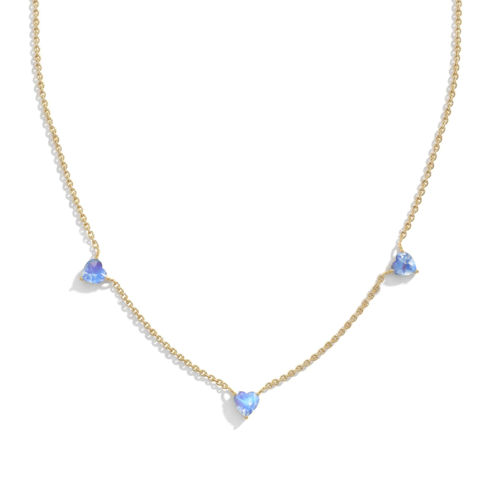 Fine jewelry Natural Moonstone necklace with three heart-shaped gemstones.
