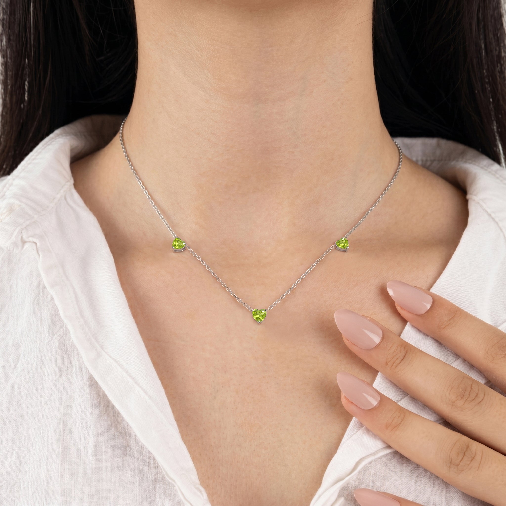Natural Peridot Three Stone Heart Necklace available in Sterling Silver and Gold Filled.
