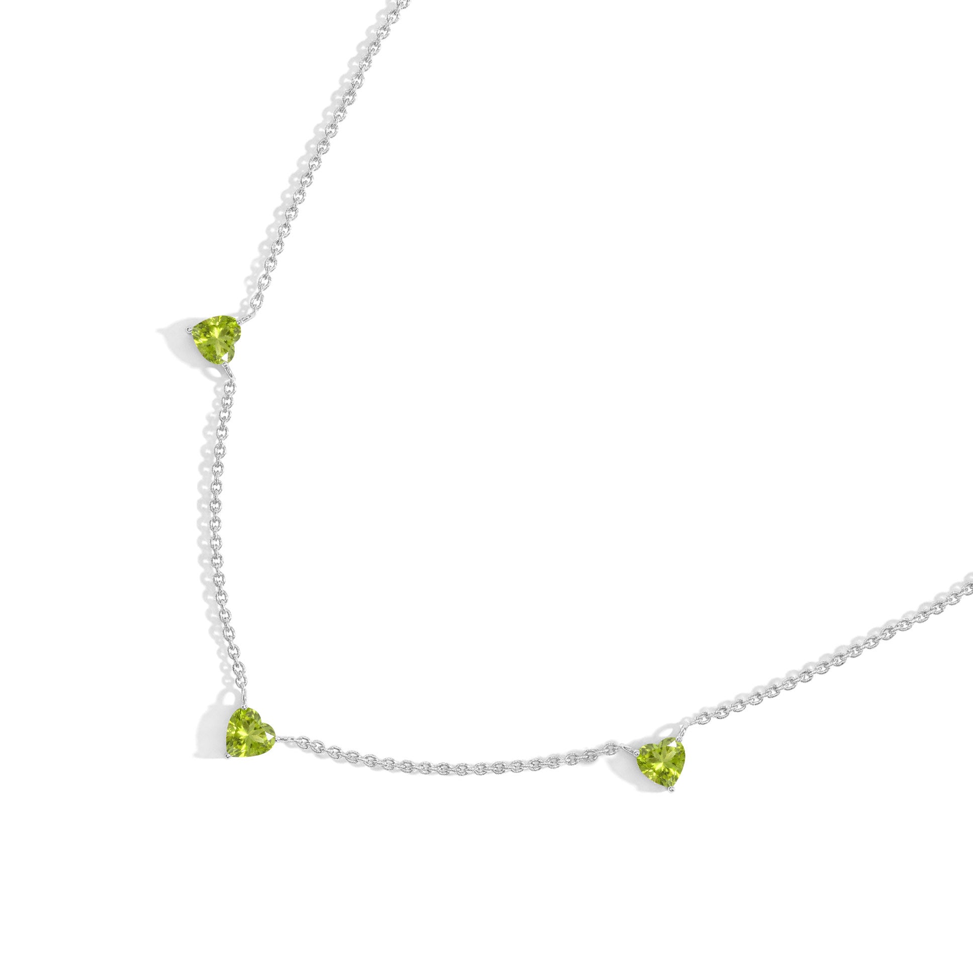 Genuine AAA Natural Peridot Heart Necklace with three 6mm heart-cut gemstones.
