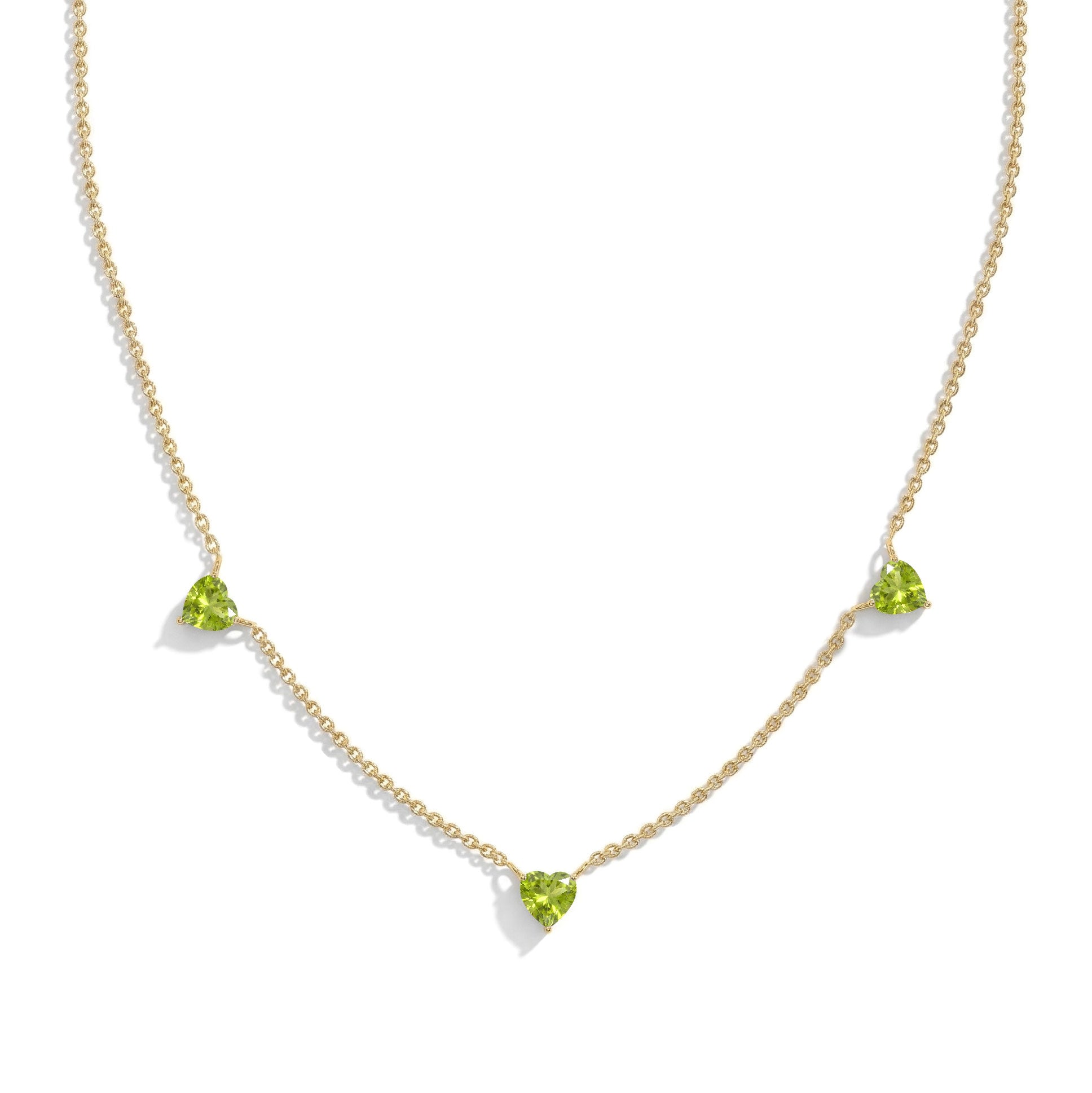 Handmade Natural Peridot Three Stone Heart Necklace in Yellow Gold Filled.
