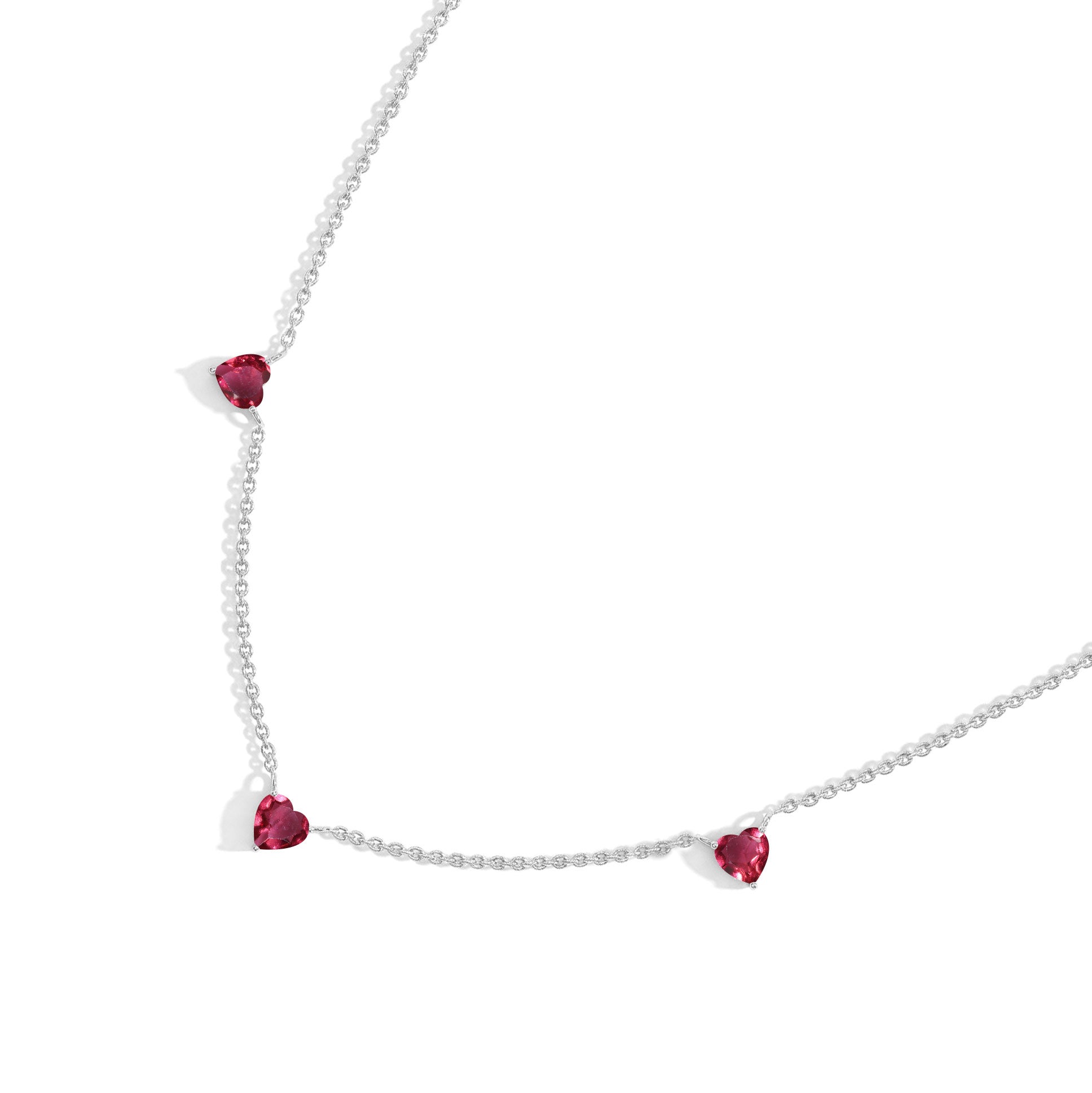 Genuine AAA Pink Tourmaline Heart Necklace with three 6mm heart-cut gemstones.
