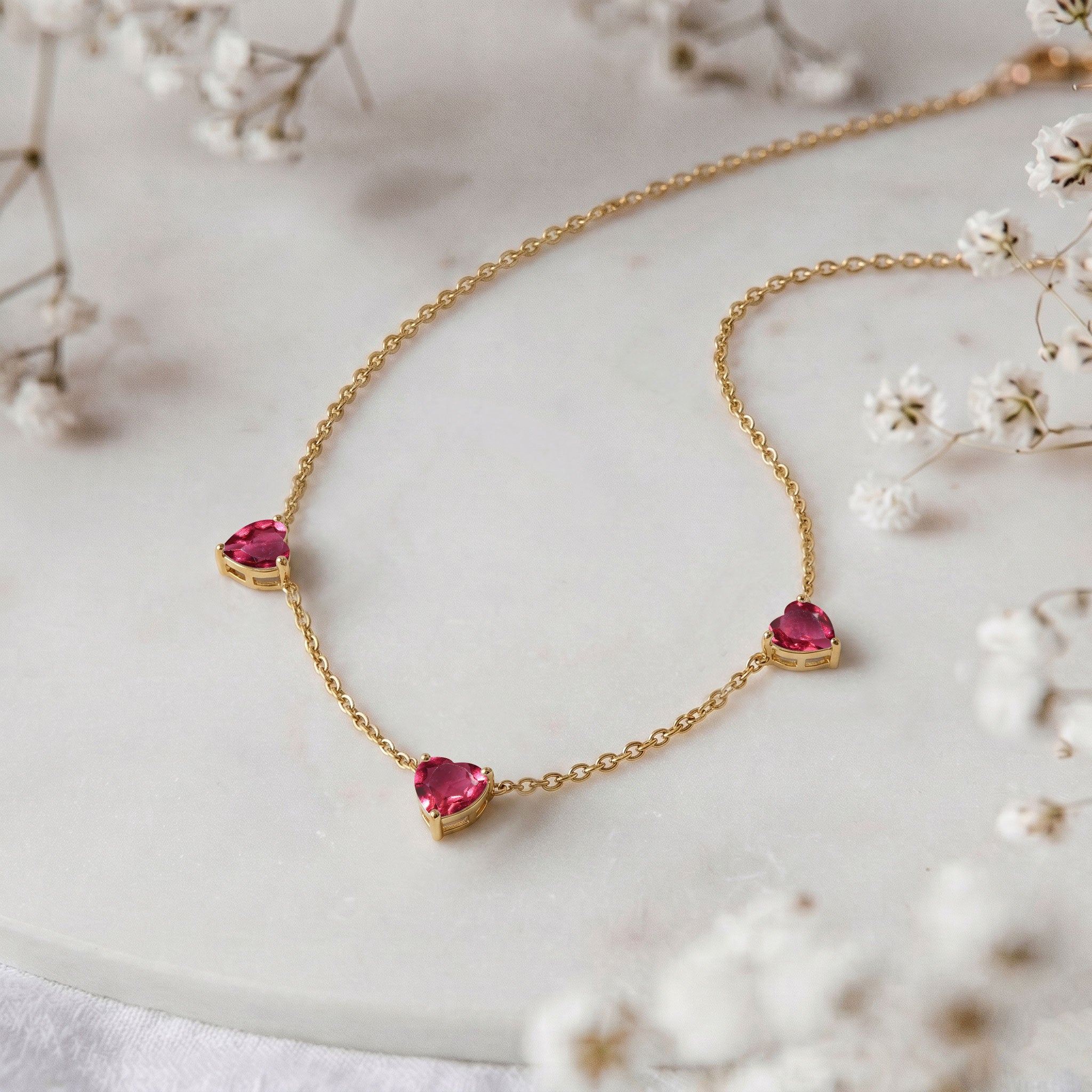 AAA Grade Pink Tourmaline Three Stone Heart Necklace | 925 Sterling Silver