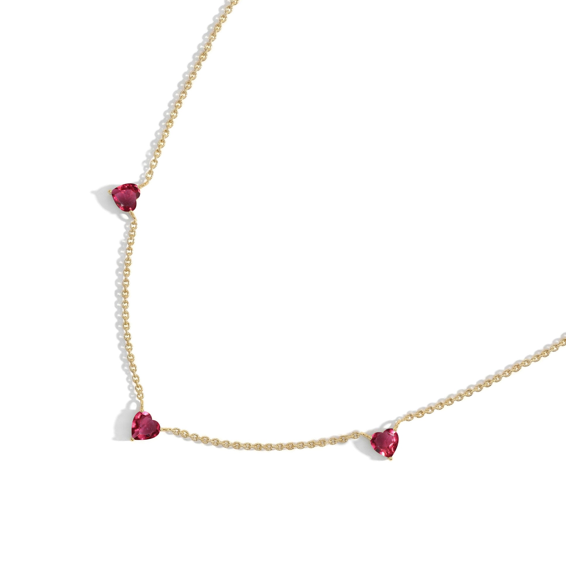 Pink Tourmaline Heart Necklace on a delicate 16-inch chain for everyday wear.
