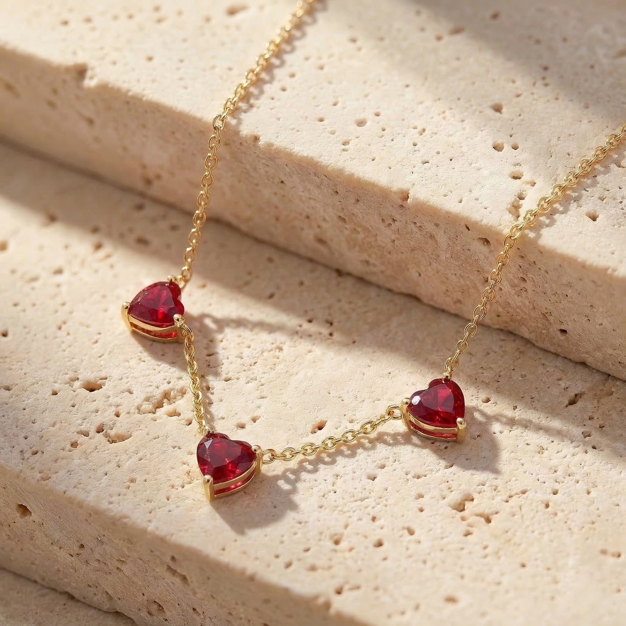 Elegant Ruby Three Stone Heart Necklace with genuine gemstones.

