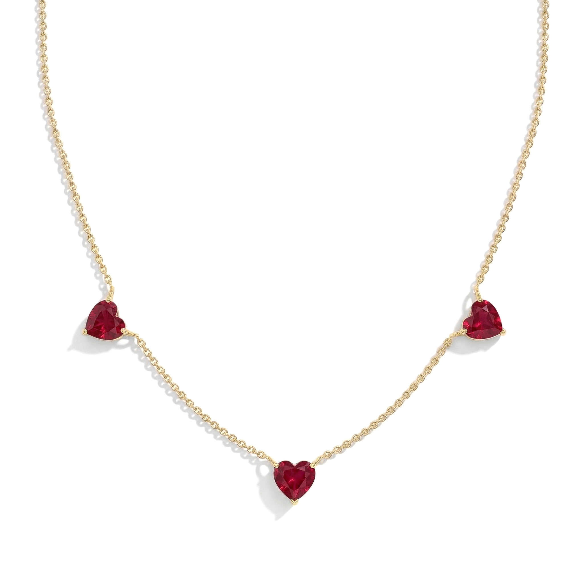 "Natural Ruby Three Stone Heart Necklace in 925 Sterling Silver with genuine heart gemstones.
