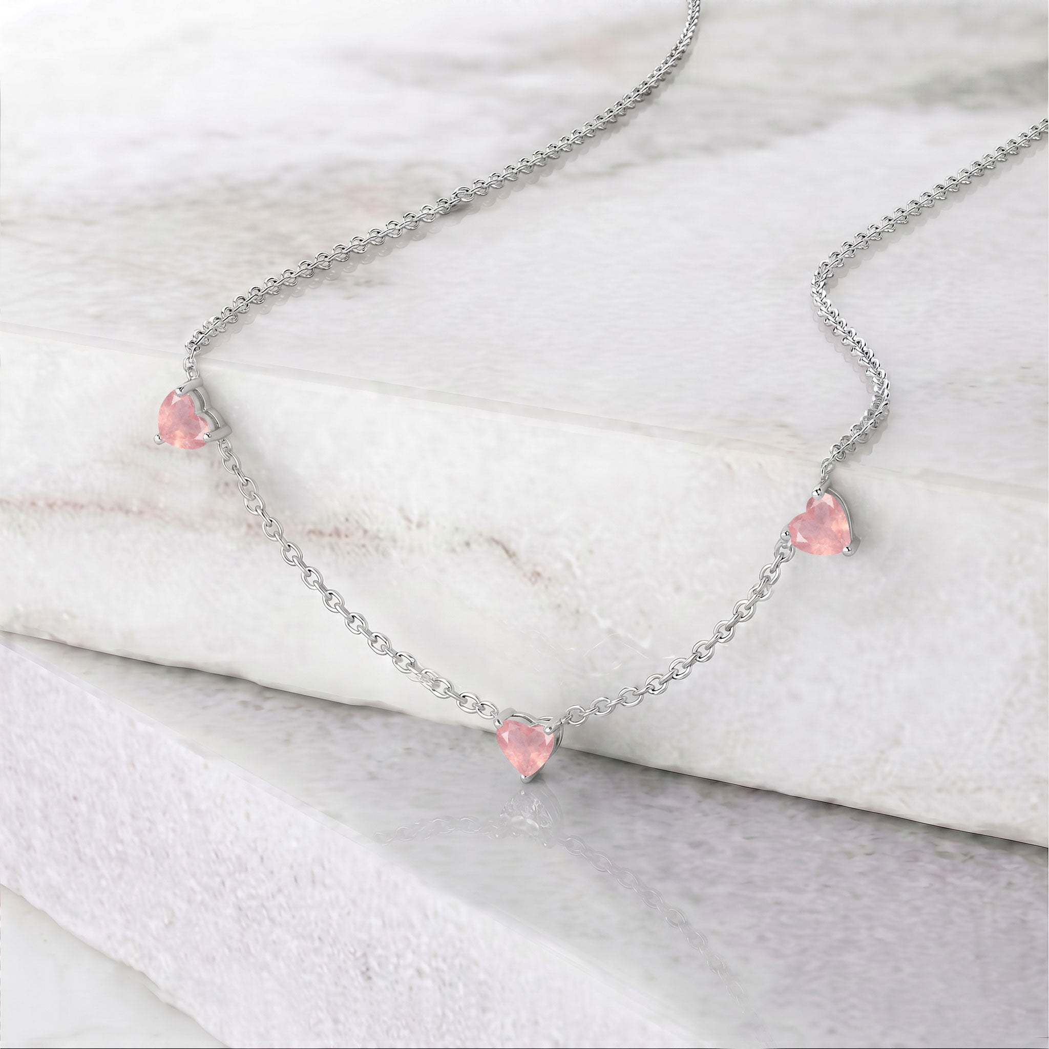 Natural Rose Quartz gemstone necklace in 925 Sterling Silver for women.
