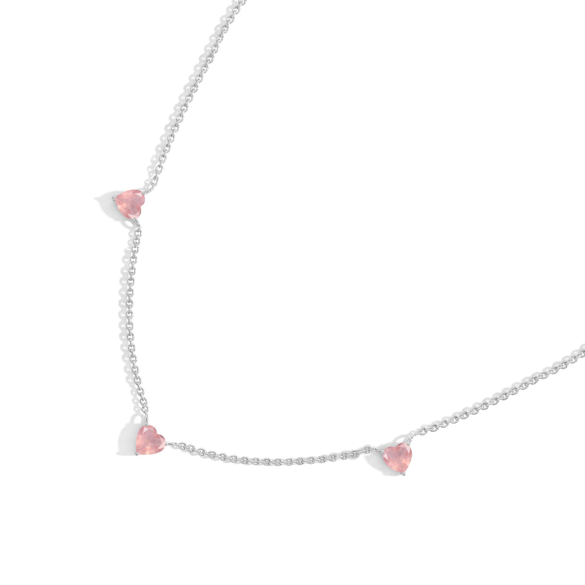 Genuine AAA Natural Rose Quartz Heart Necklace with three 6mm heart-cut gemstones.
