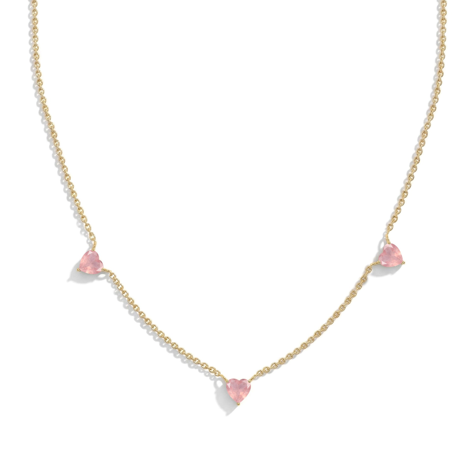 Handmade Natural Rose Quartz Three Stone Heart Necklace in Yellow Gold Filled.
