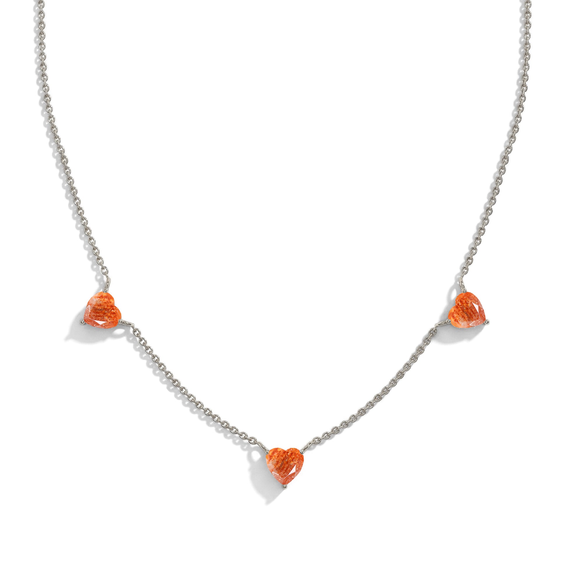 "Natural Sunstone Three Stone Heart Necklace in 925 Sterling Silver with genuine heart-cut gemstones.
