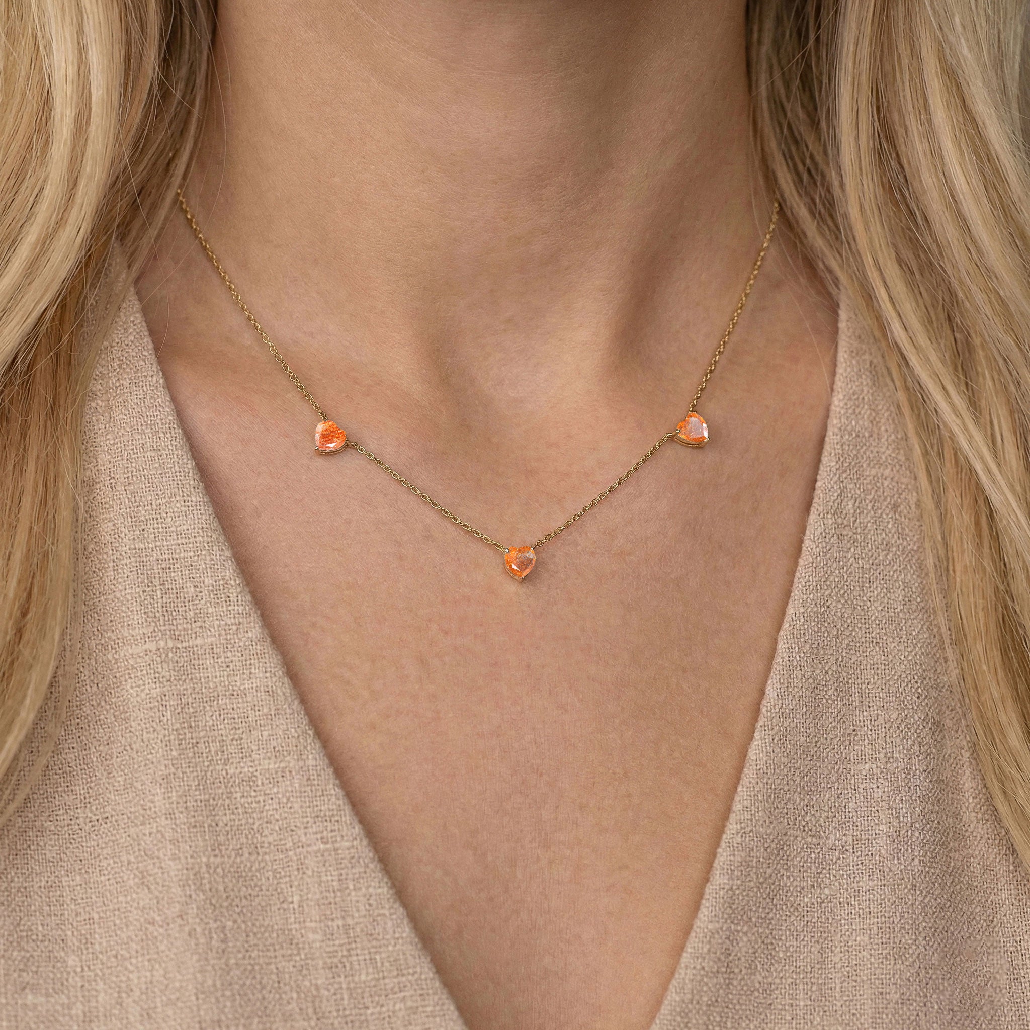 Genuine Natural Sunstone Three Stone Heart Necklace, handcrafted gift for her in sterling silver."
