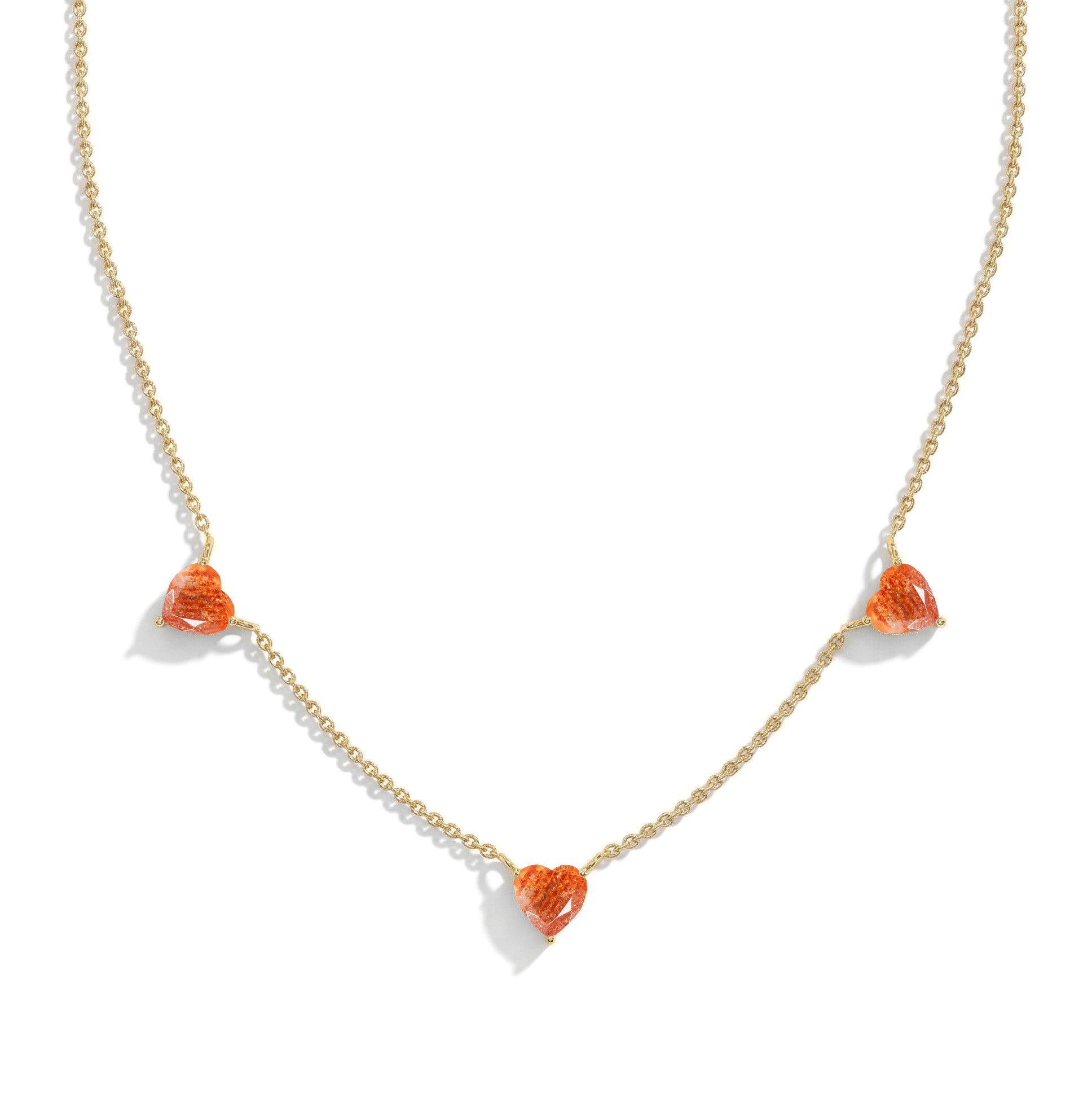 Handmade Natural Sunstone Three Stone Heart Necklace in yellow gold filled for women.
