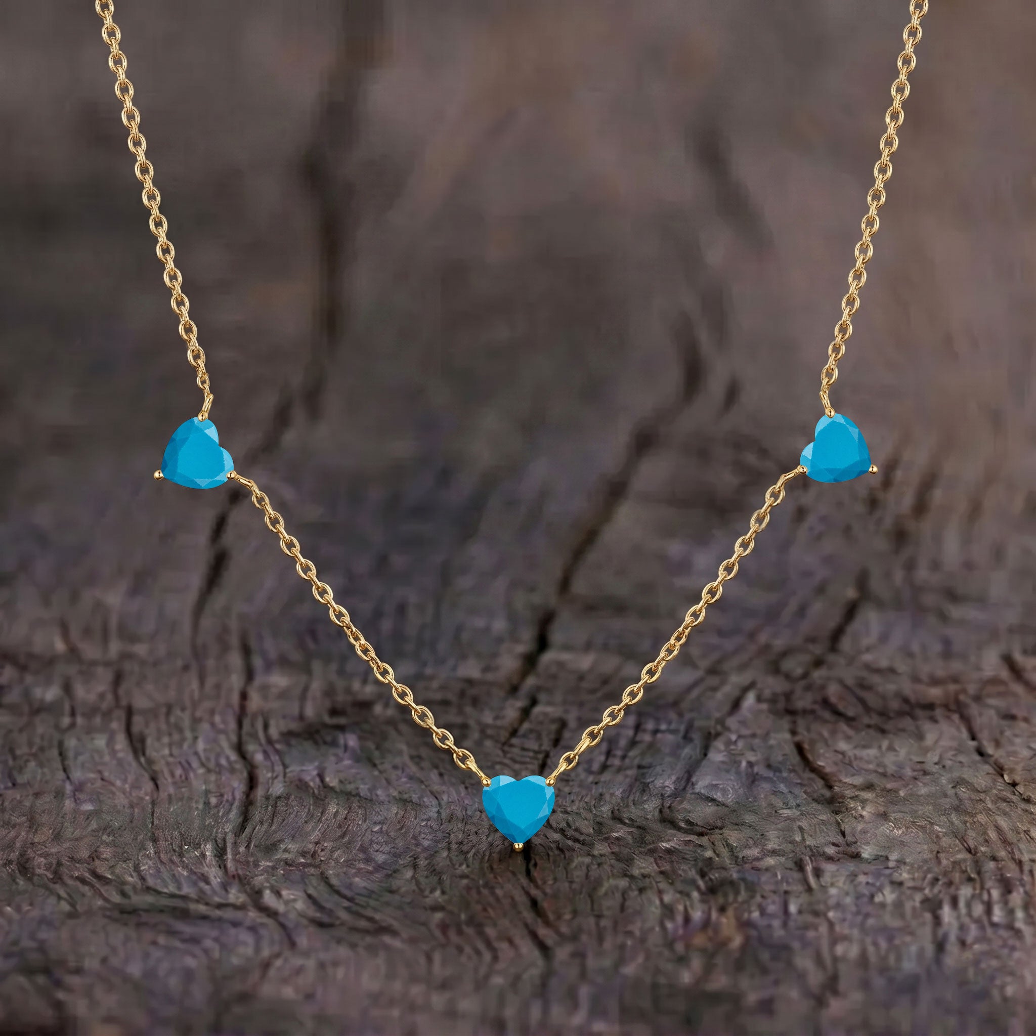AAA Grade Natural Turquoise Three Stone Heart Necklace in 925 Sterling Silver
