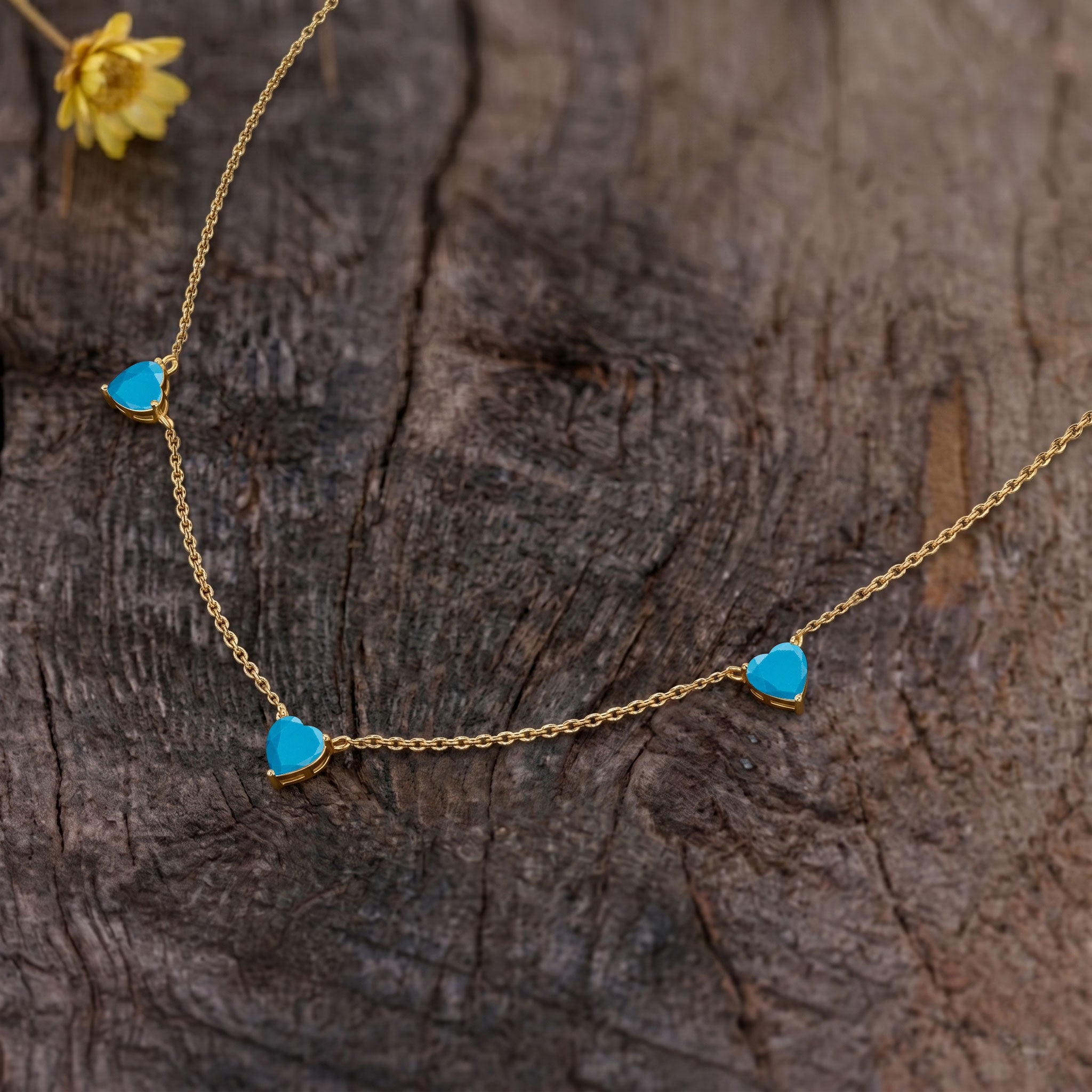 AAA Grade Natural Turquoise Three Stone Heart Necklace in 925 Sterling Silver