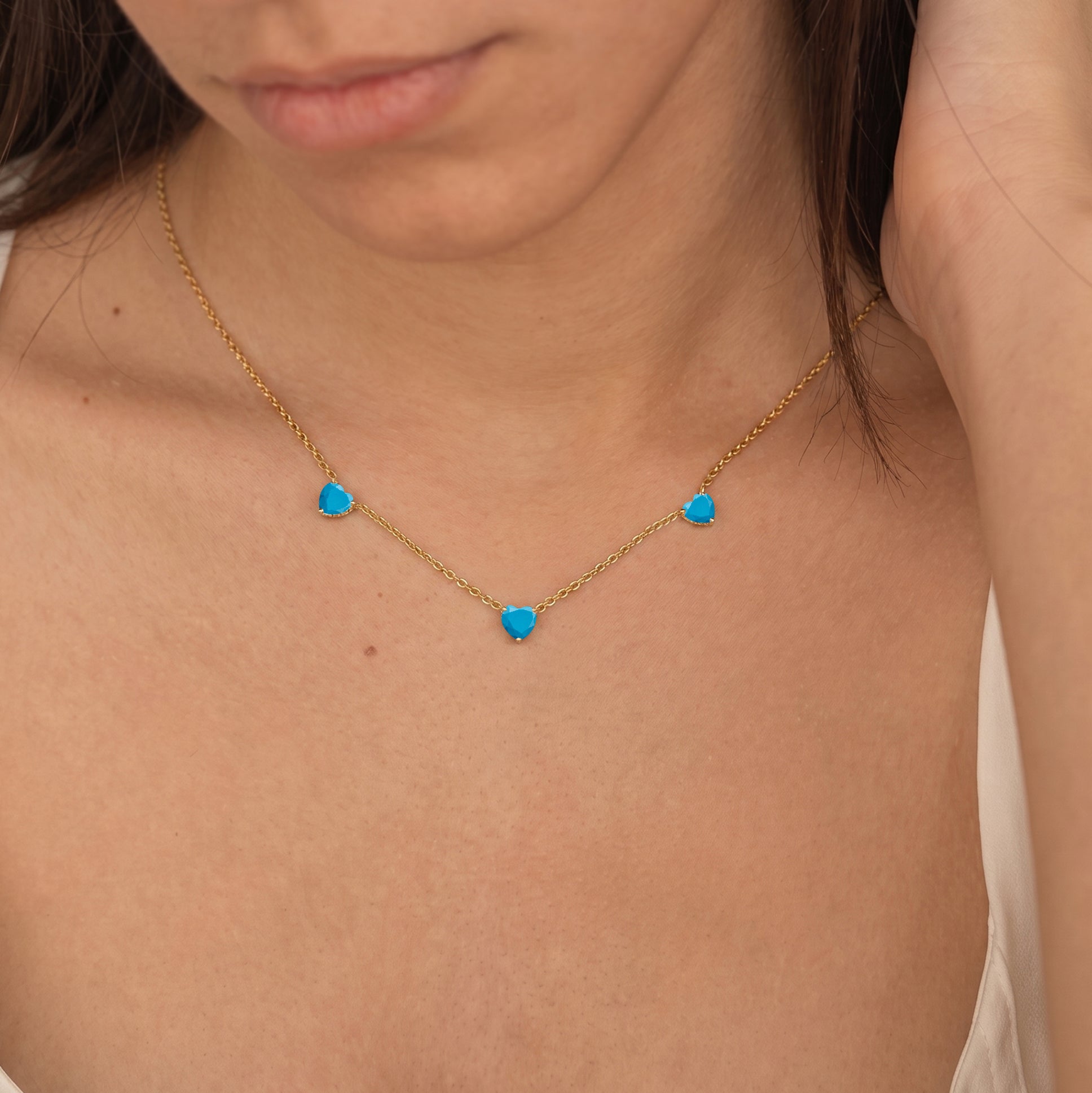 AAA Grade Natural Turquoise Three Stone Heart Necklace in 925 Sterling Silver
