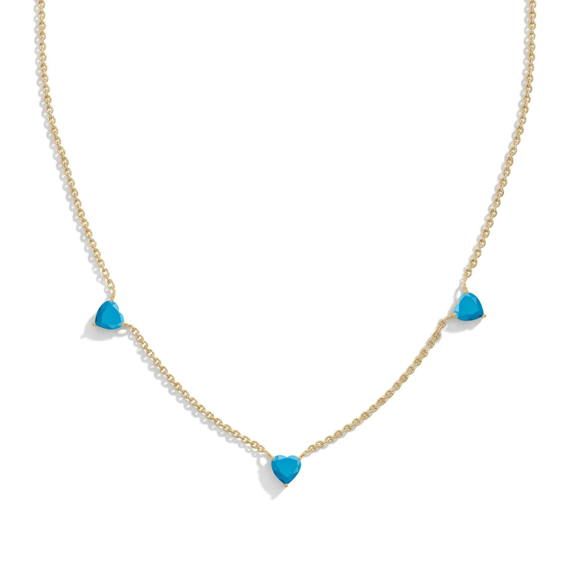 Genuine AAA Natural Turquoise Heart Necklace with three 6mm heart-cut gemstones.
