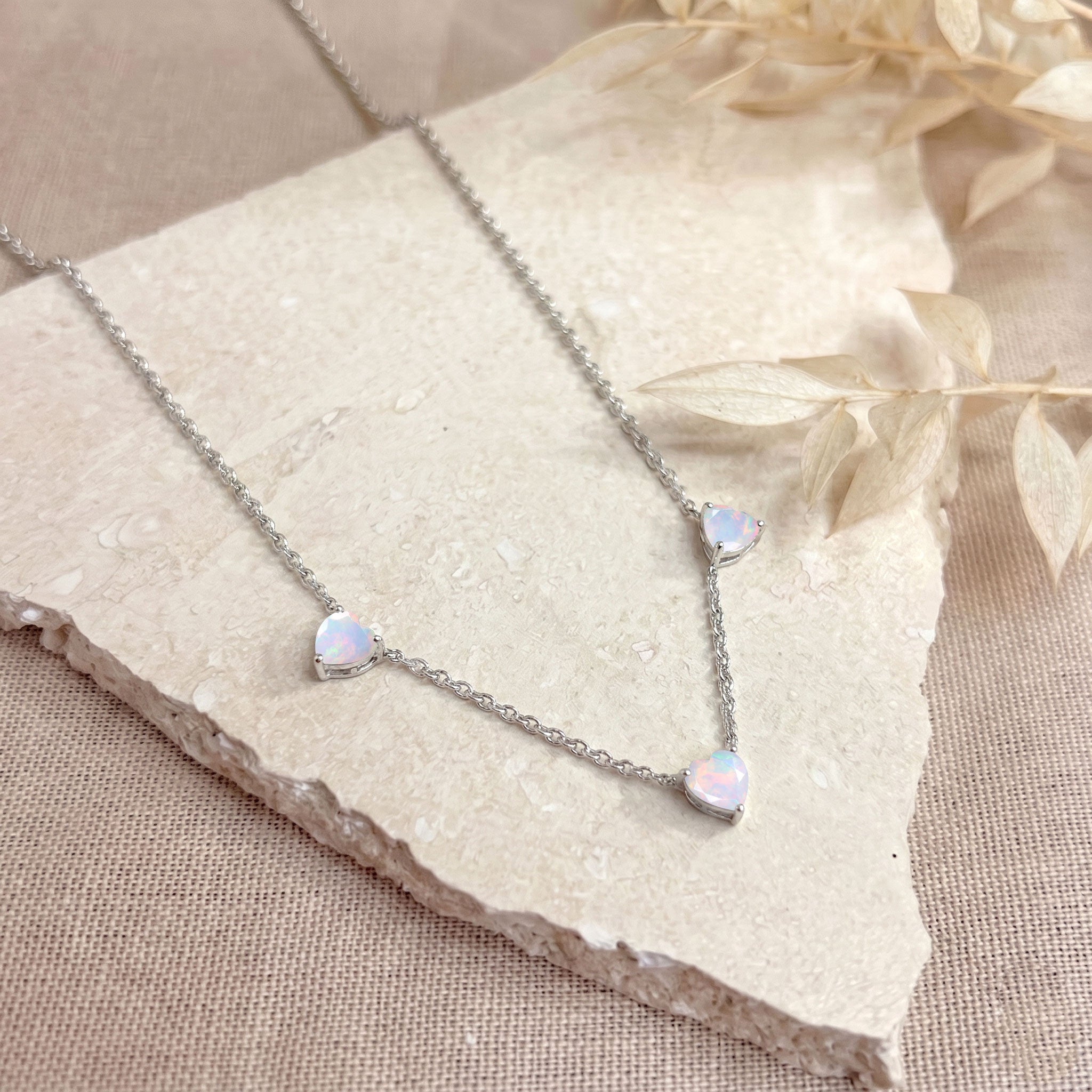 Genuine AAA White Opal Heart Necklace with three 6mm heart-cut opals for women.
