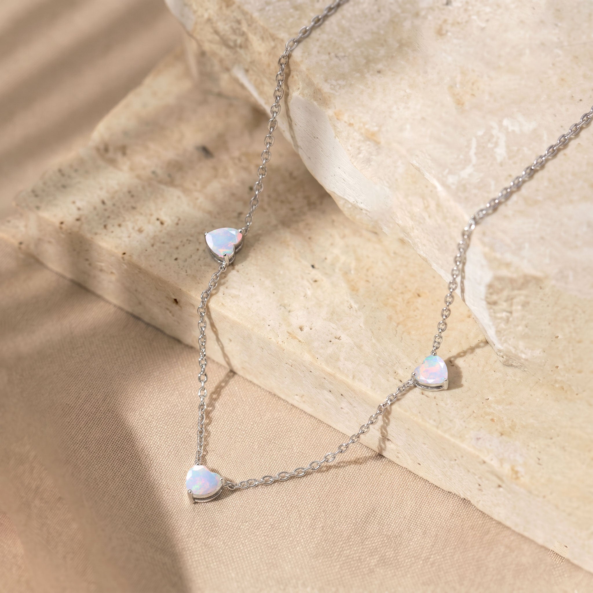 Natural White Opal gemstone necklace in 925 Sterling Silver with colorful fire.
