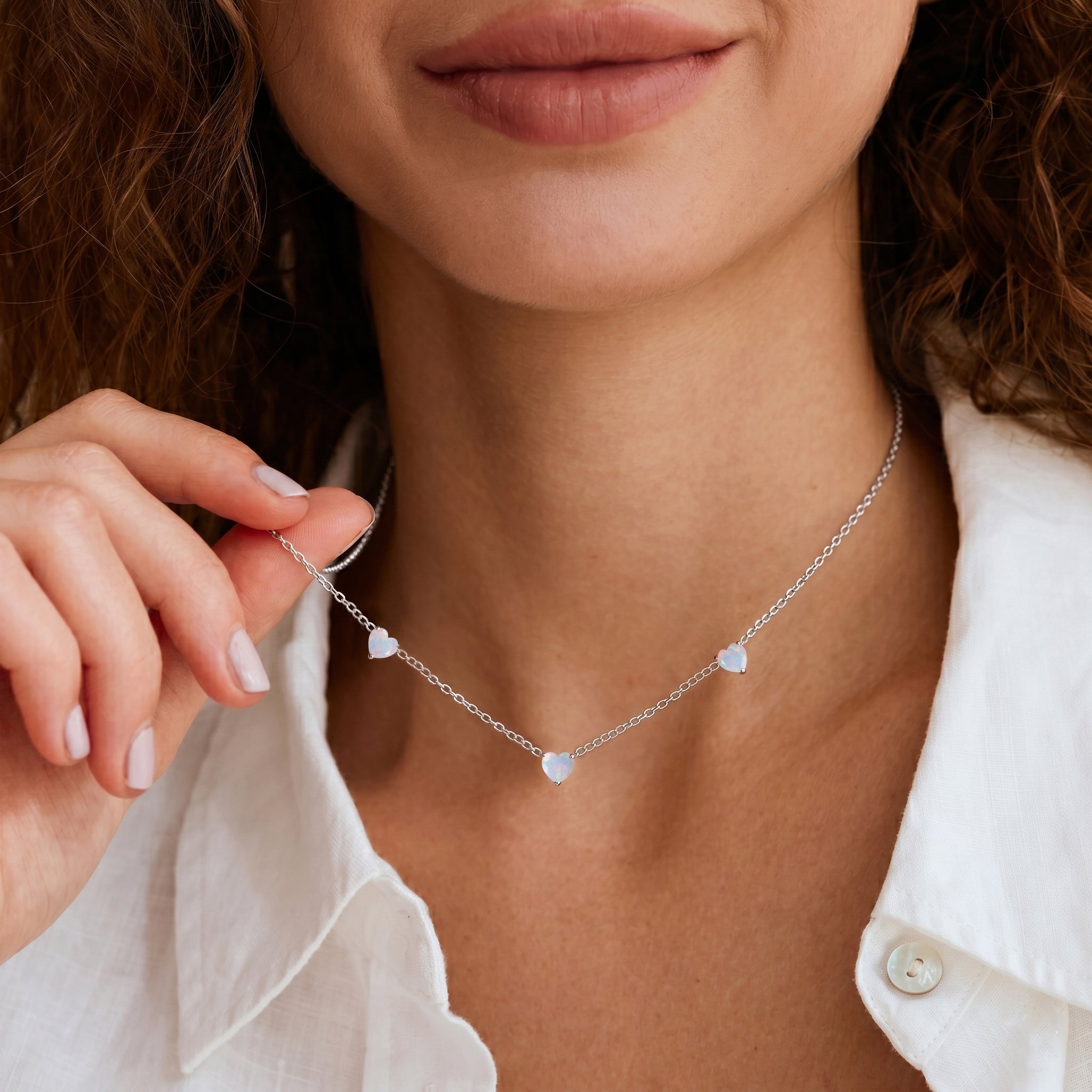 Minimalist AAA White Opal Heart Necklace handcrafted in Sterling Silver.
