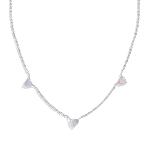 Natural White Opal Heart Station Necklace in 925 Sterling Silver
