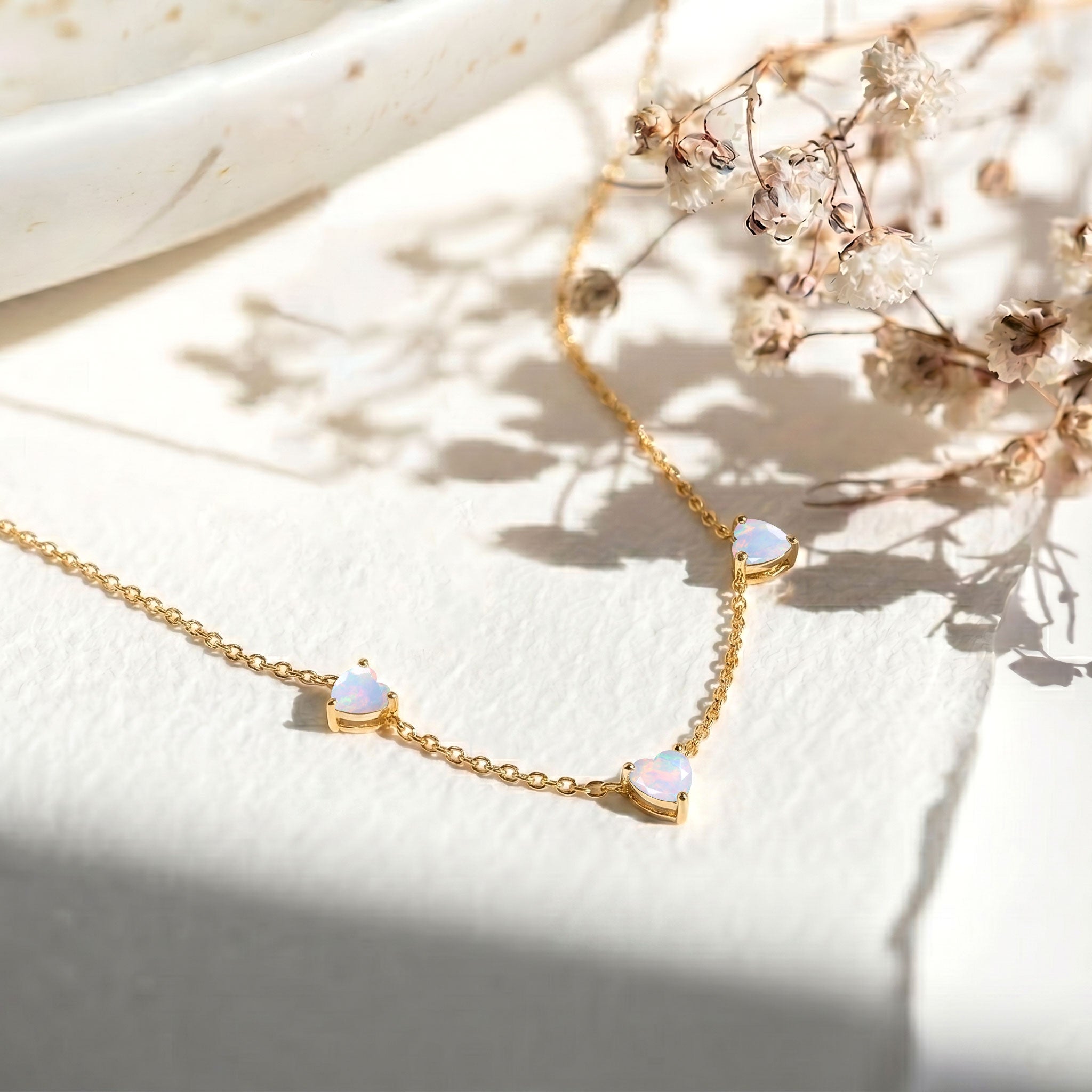 AAA Grade White Opal Three Stone Heart Necklace, handcrafted gemstone jewelry gift for her."
