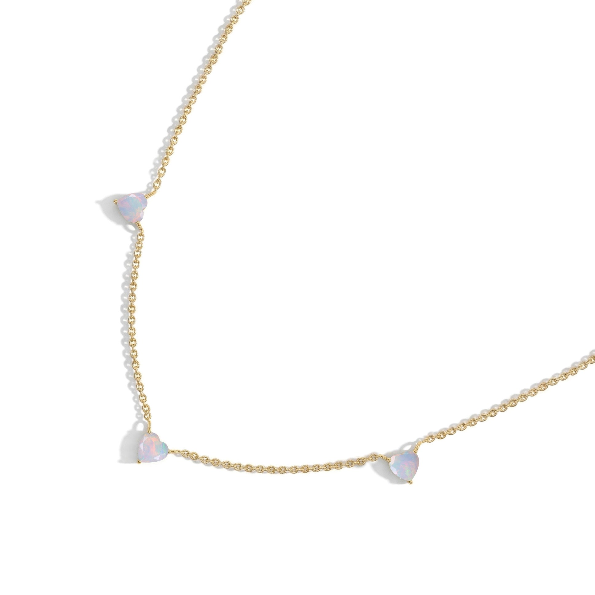 Natural White Opal Heart Necklace with iridescent gemstones on a delicate 16-inch chain.
