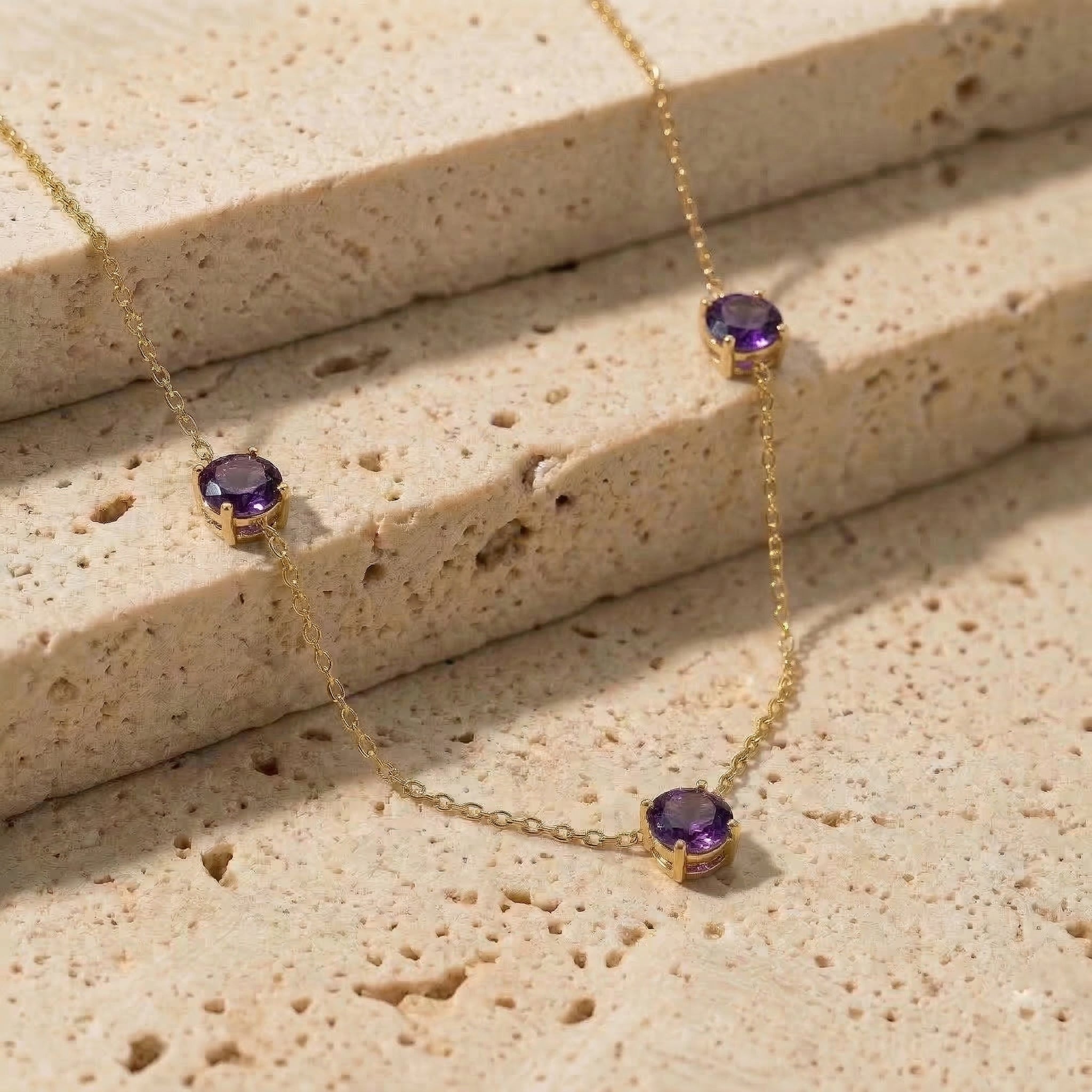 Three stone Amethyst station necklace designed for women with minimalist style.
