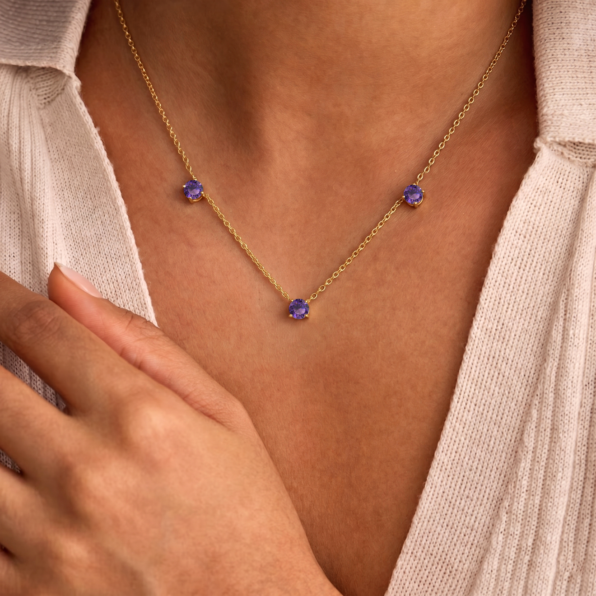 Dainty purple gemstone necklace perfect for layering with other necklaces.
