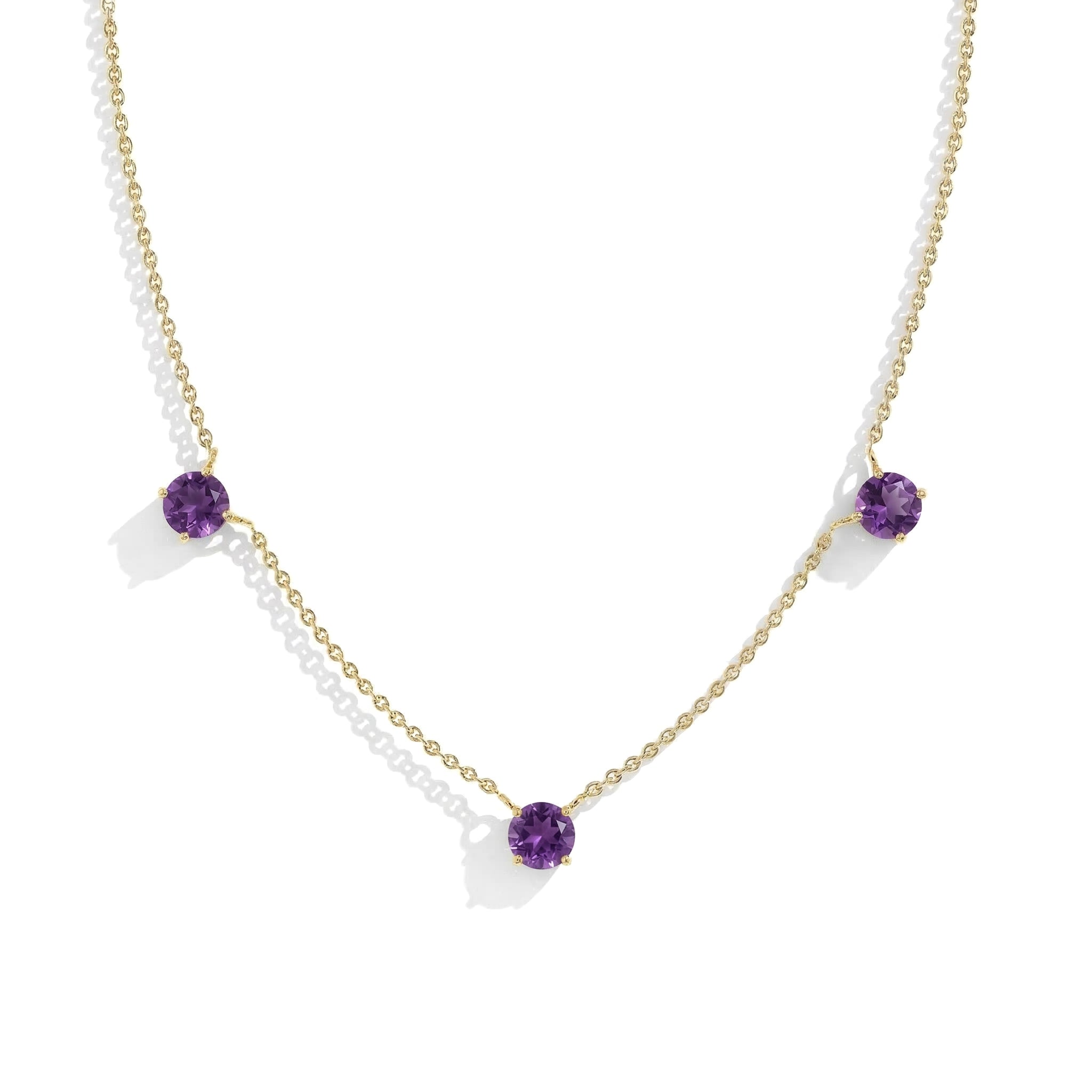 Elegant Amethyst chain necklace with three natural purple gemstone stations.
