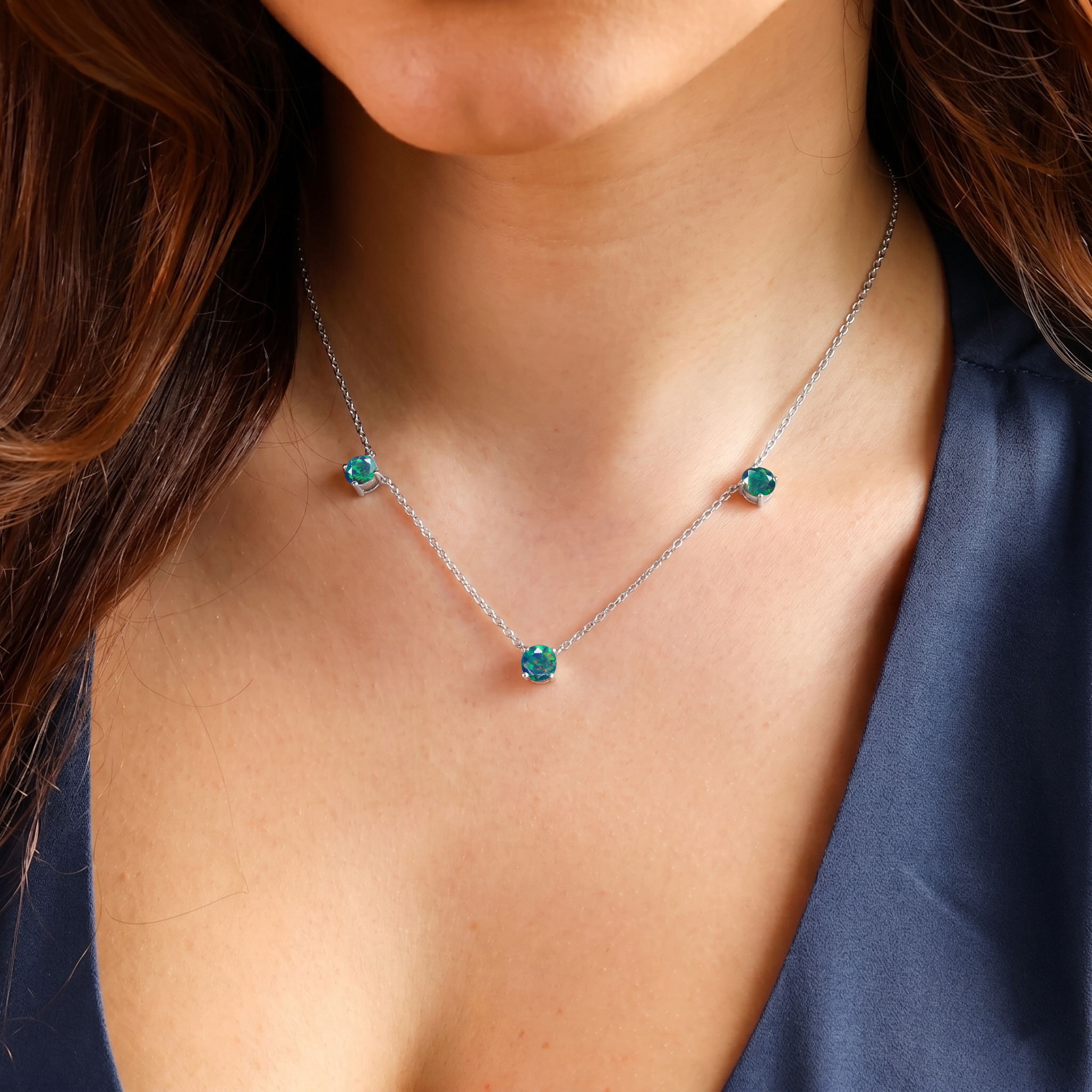 Elegant October birthstone necklace with genuine Black Opal gemstones for women.
