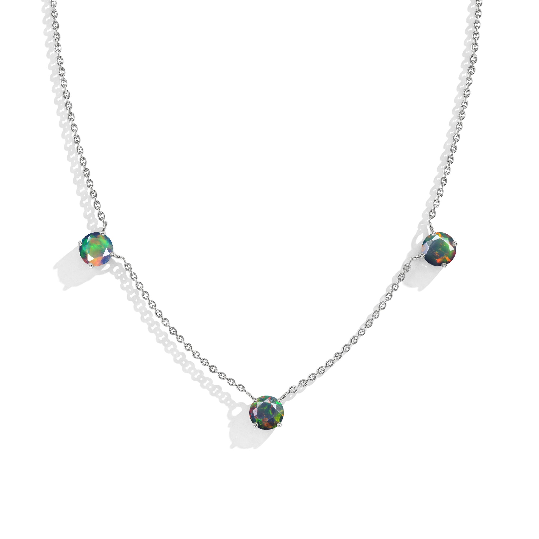 "Dainty Black Opal necklace featuring three 5MM round gemstones in 925 Sterling Silver.
