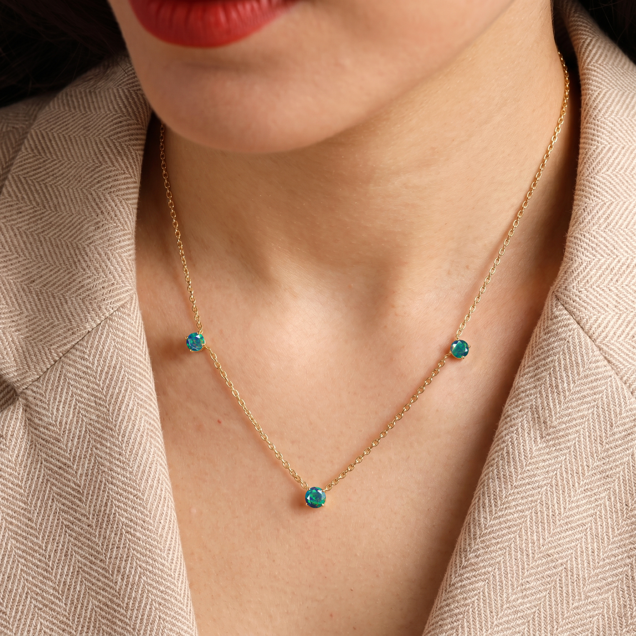 Genuine Black Opal gemstone necklace featuring three round stones for women.
