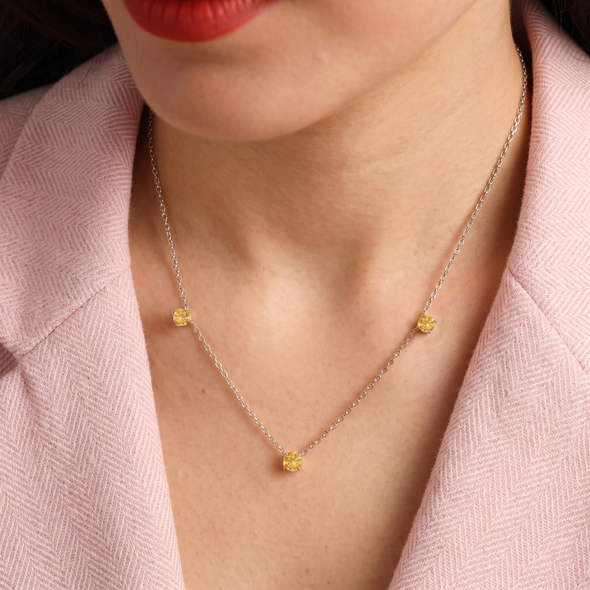 Elegant November birthstone necklace with genuine Citrine gemstones for women.
