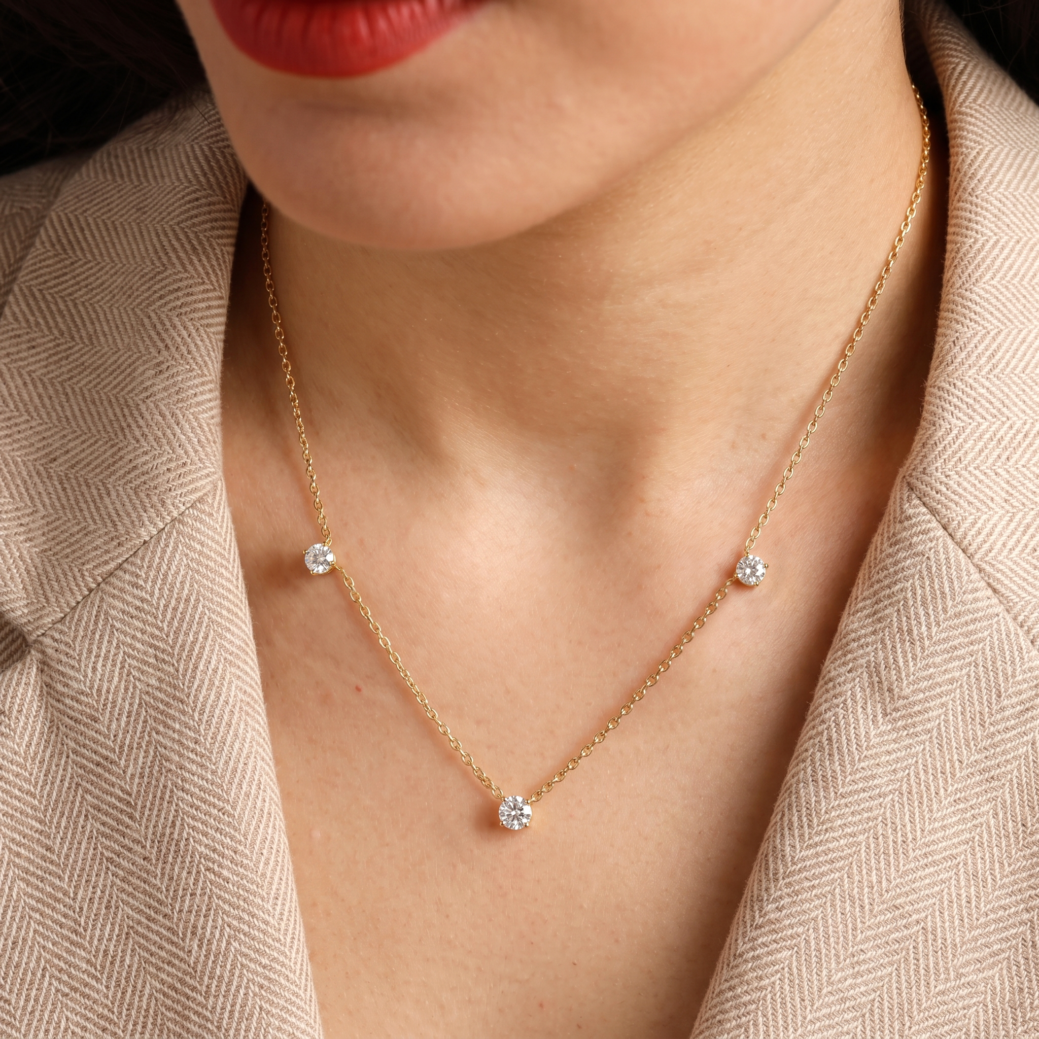 Minimalist Moissanite necklace in sterling silver and yellow gold filled.
