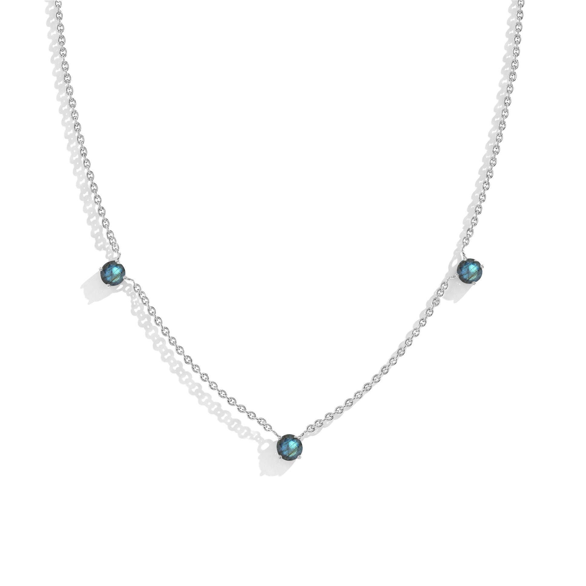 "Dainty Labradorite necklace featuring three 5MM round gemstones in 925 Sterling Silver.
