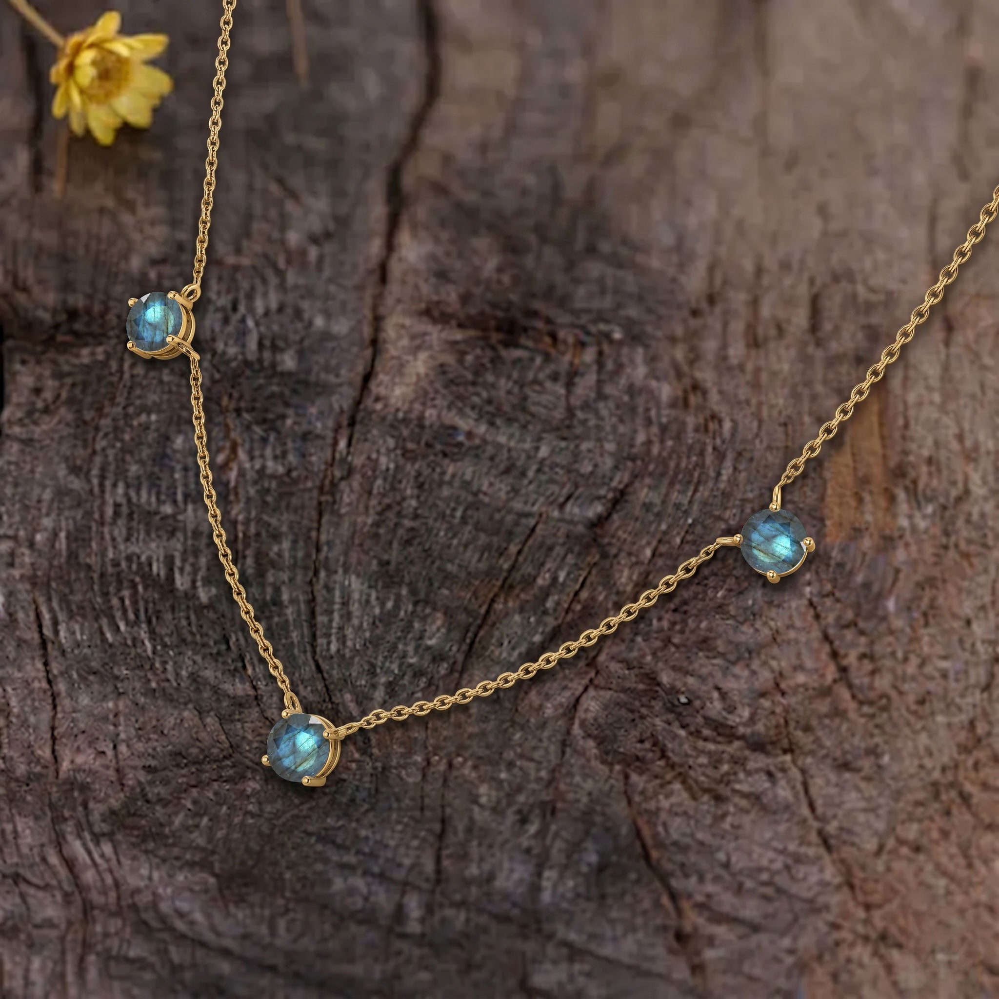 Labradorite station necklace available in sterling silver and yellow gold filled designs.
