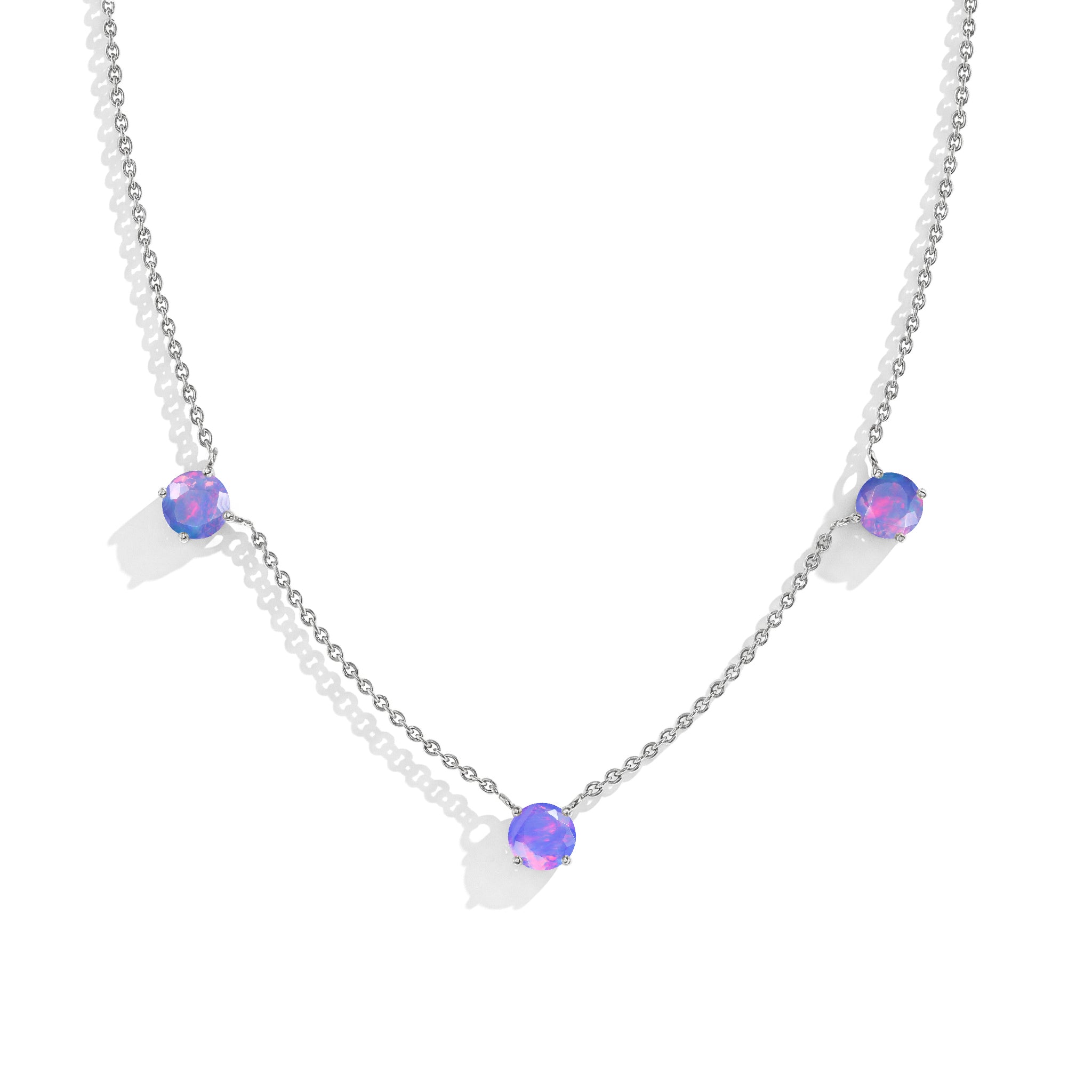 "Dainty Lavender Opal necklace featuring three 5MM round gemstones in 925 Sterling Silver.
