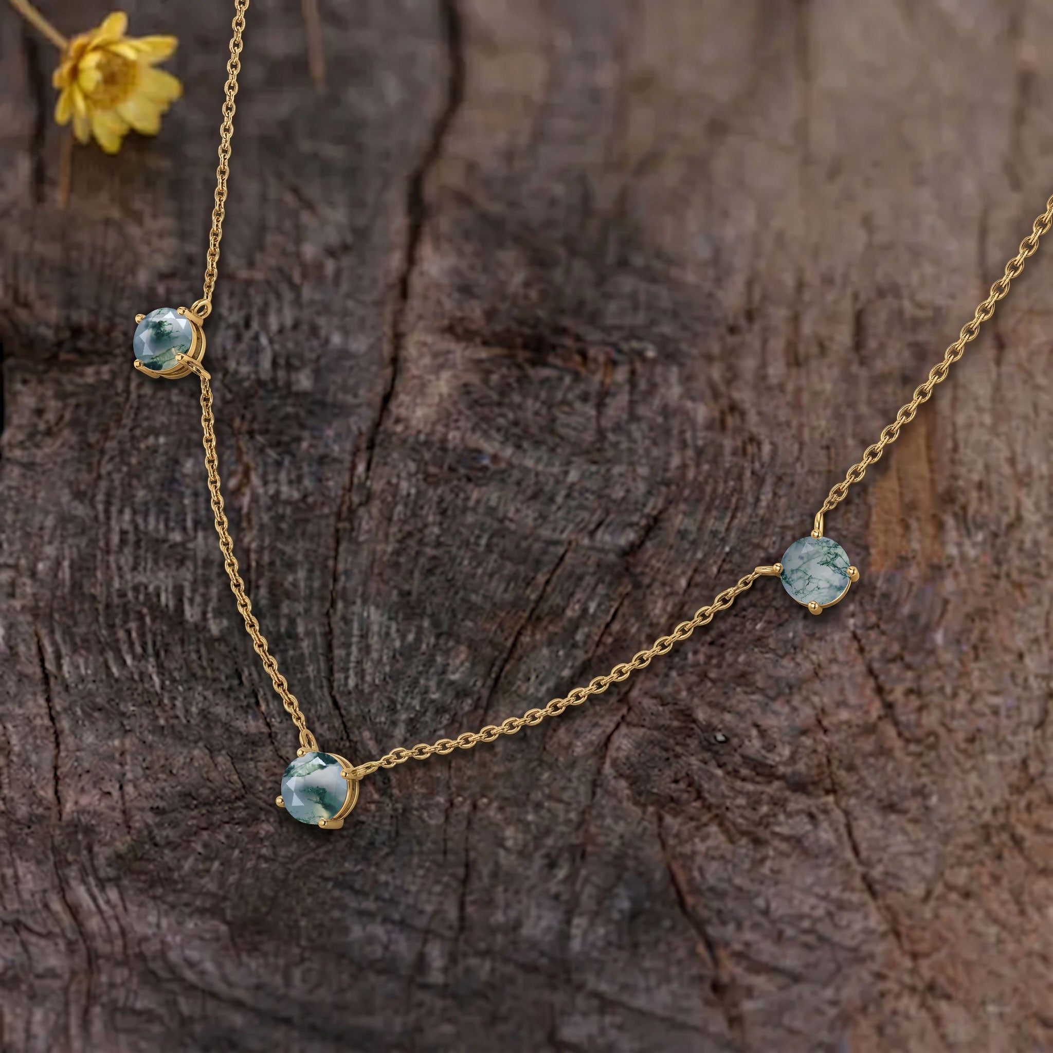 Moss Agate station necklace available in sterling silver and yellow gold filled designs.
