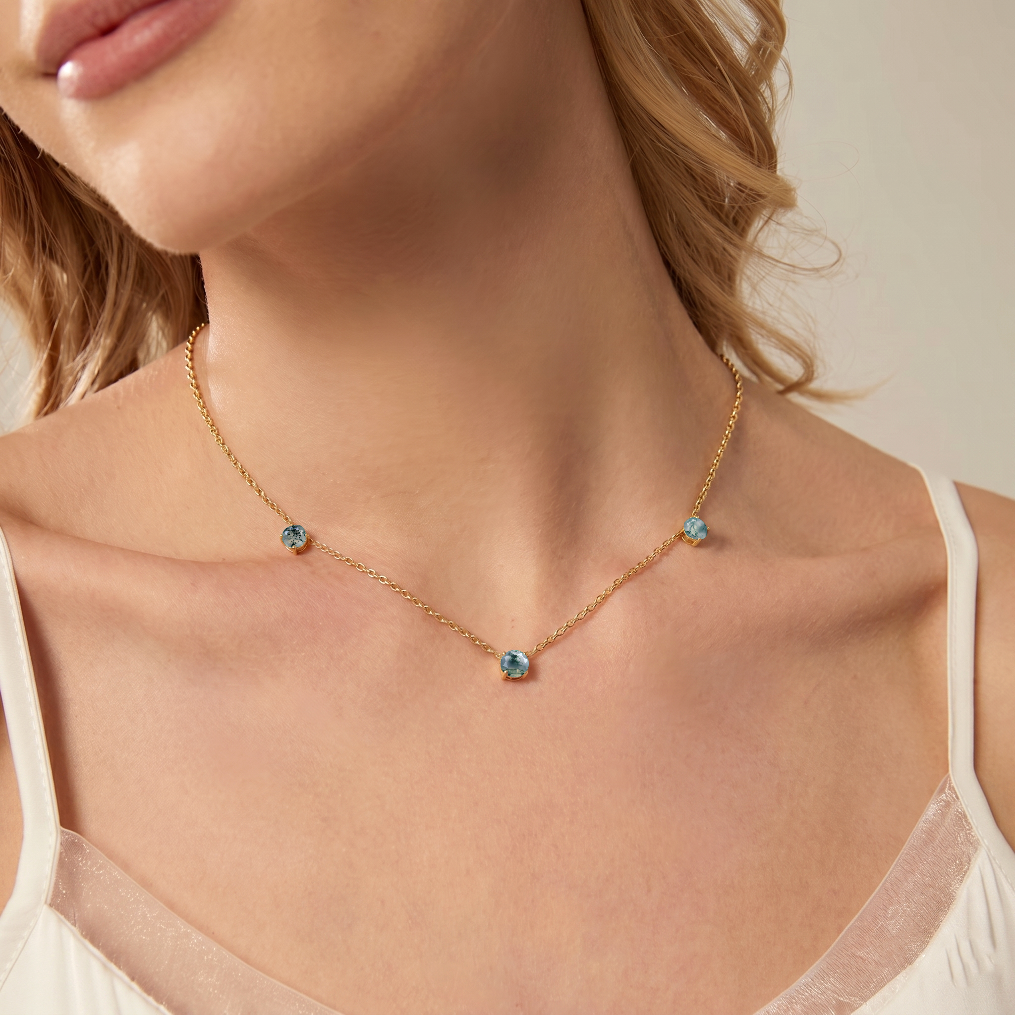 Genuine Moss Agate gemstone necklace featuring three round stones for women.
