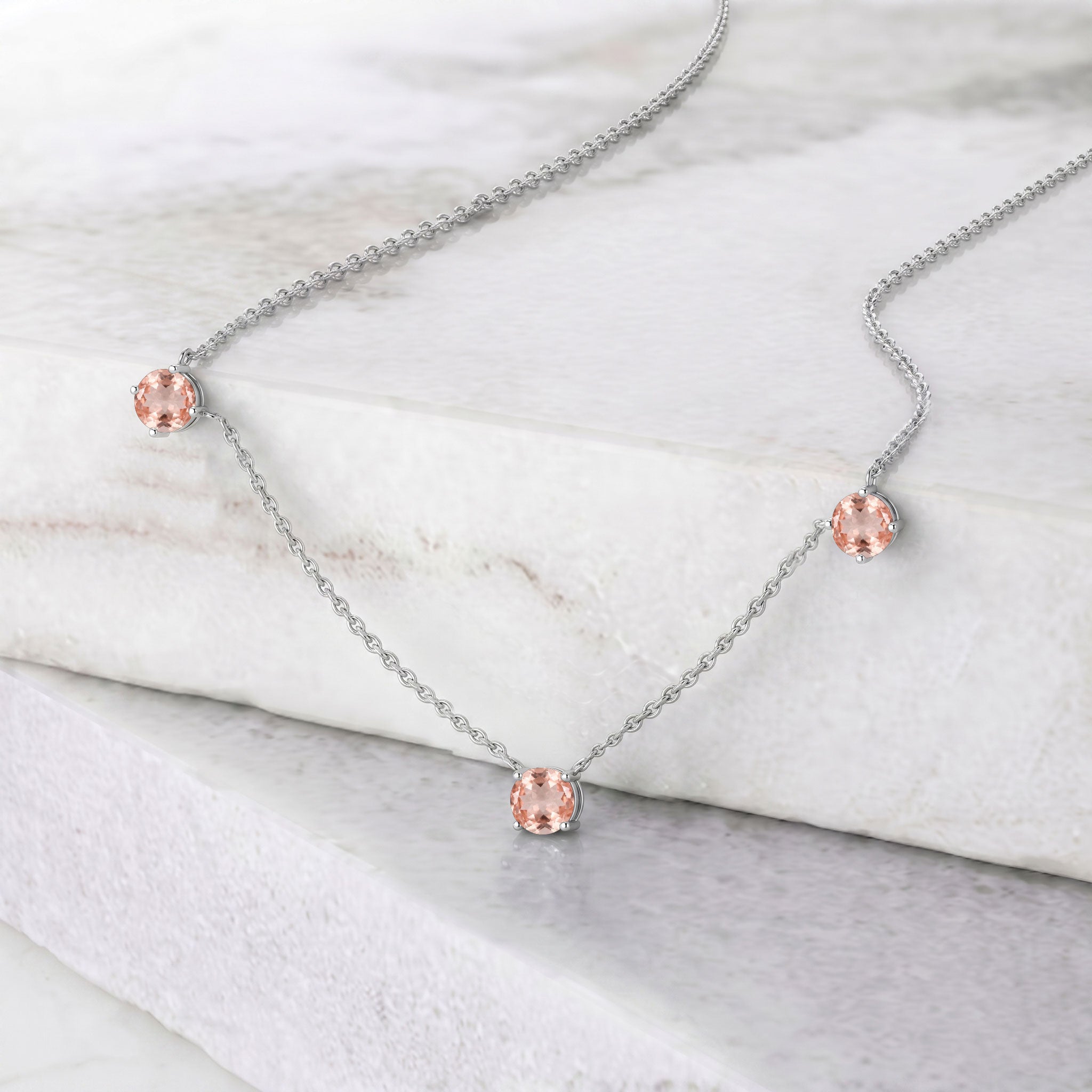 Genuine Morganite gemstone necklace featuring three round stones for women.
